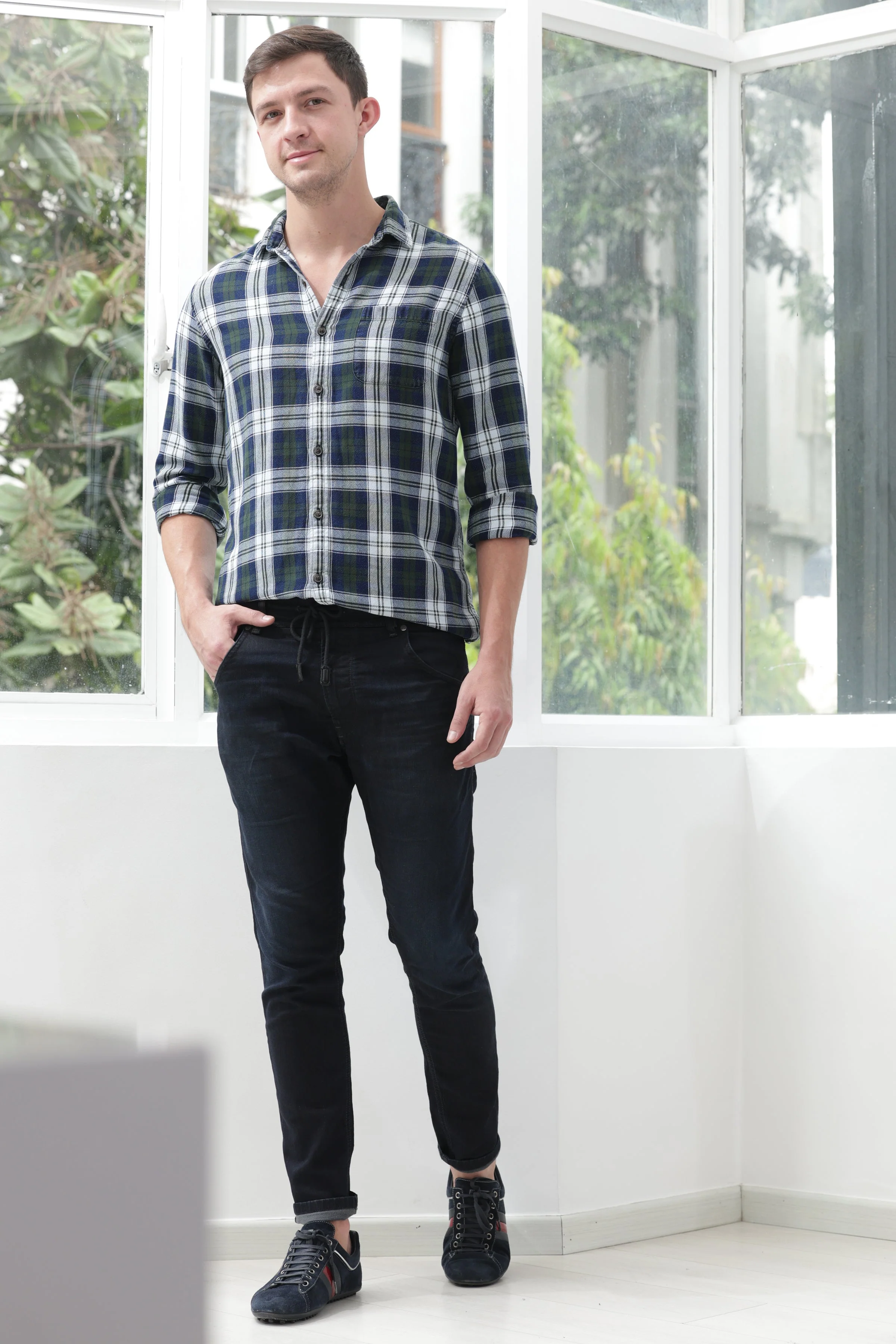 Men Quest Indigo Check Shirt Green - Image 5