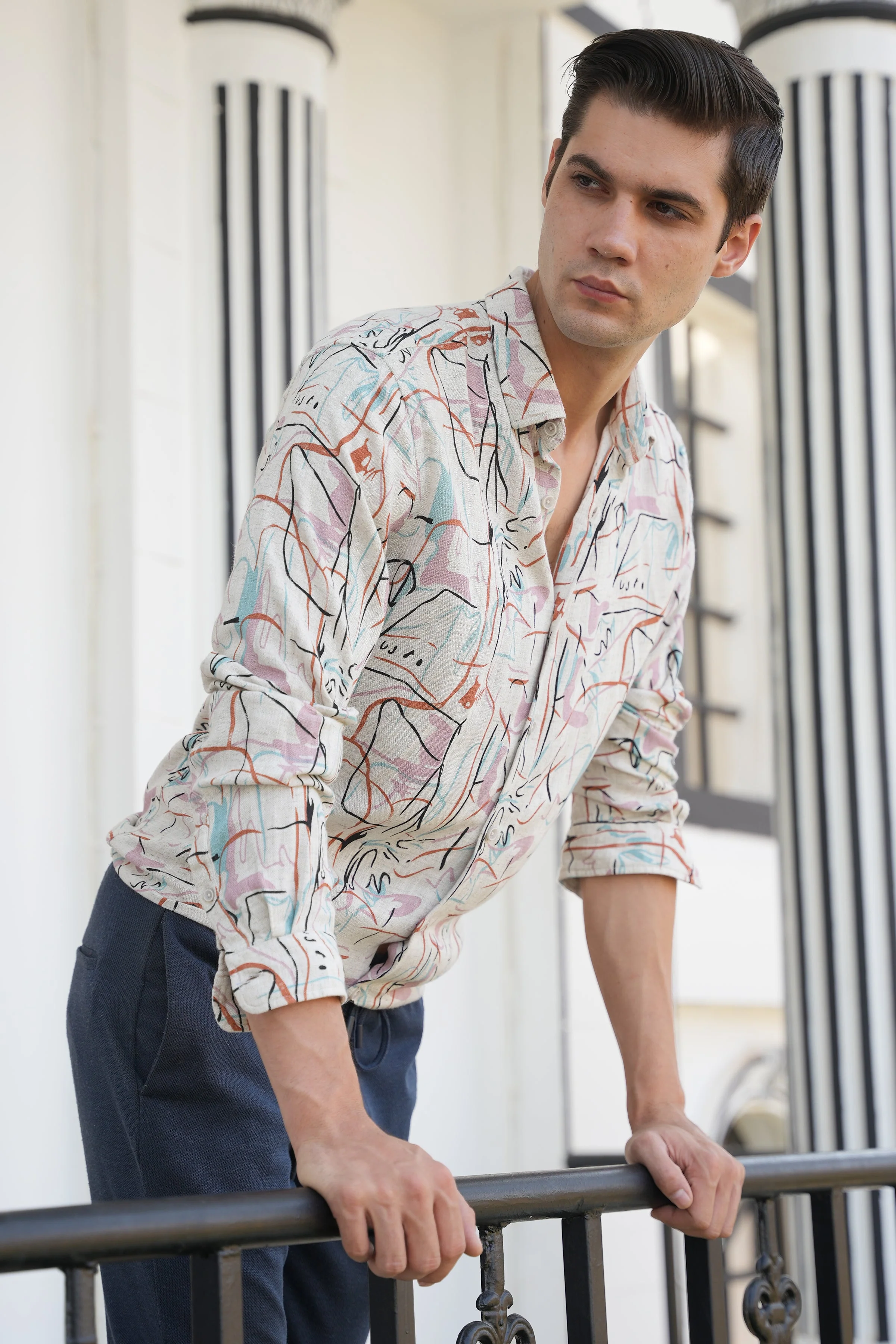 Men Rachel Viscose Linen Printed Shirt Pink - Image 2