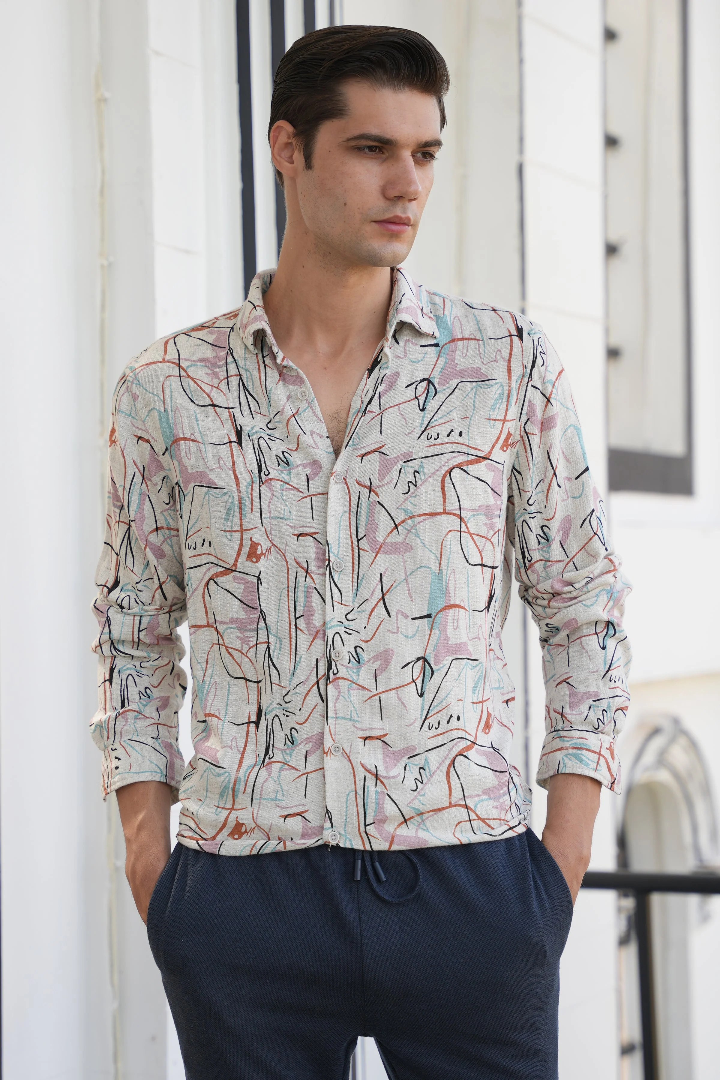 Men Rachel Viscose Linen Printed Shirt Pink - Image 3