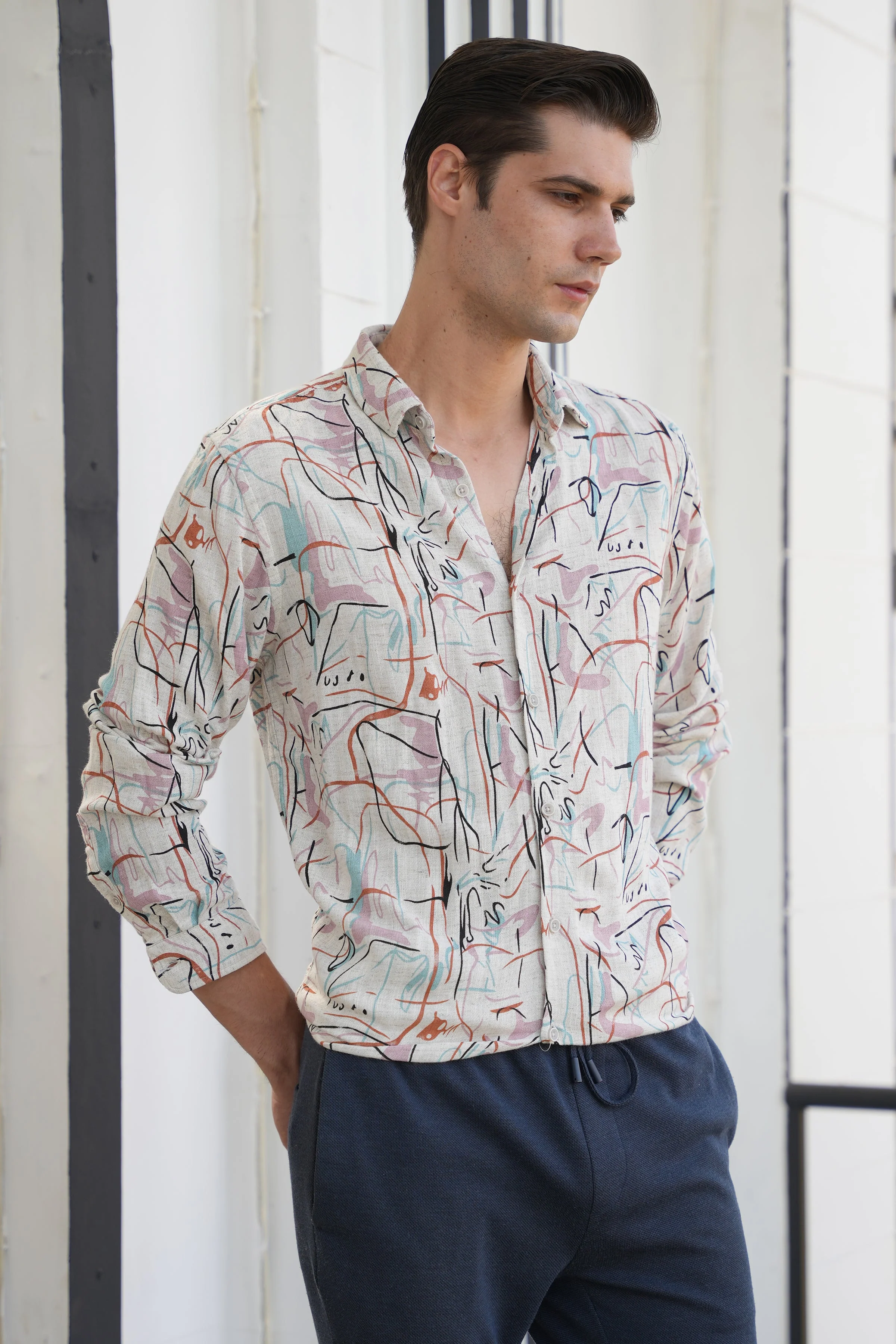 Men Rachel Viscose Linen Printed Shirt Pink - Image 4