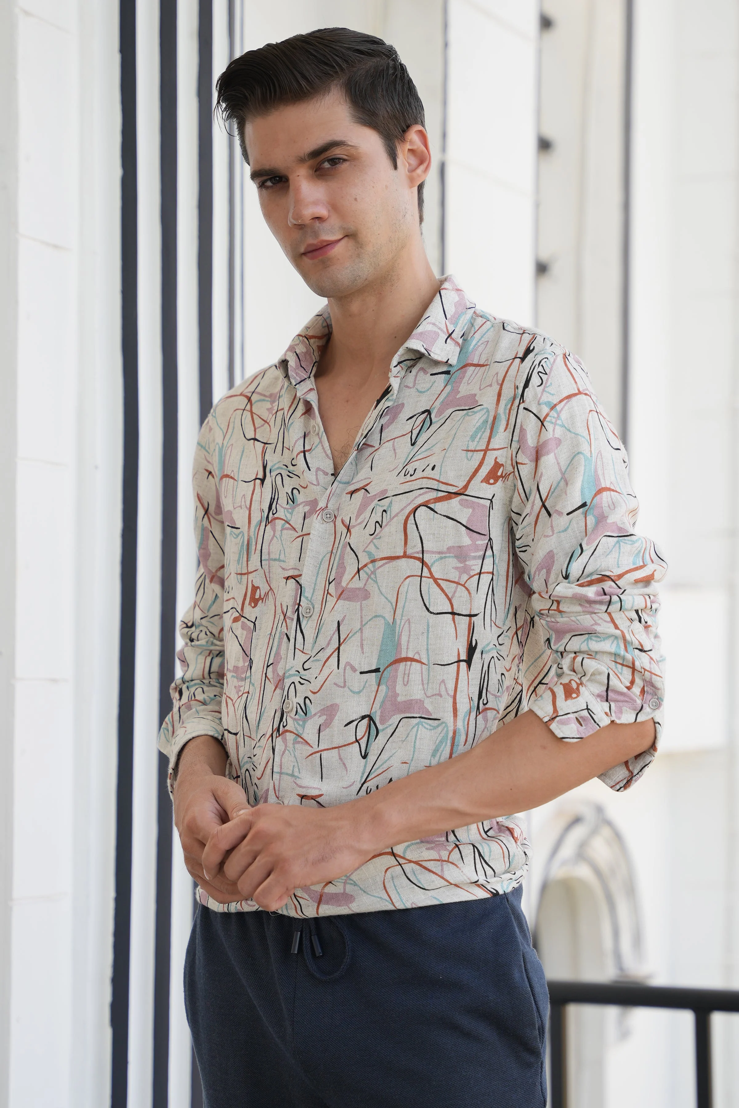 Men Rachel Viscose Linen Printed Shirt Pink - Image 5