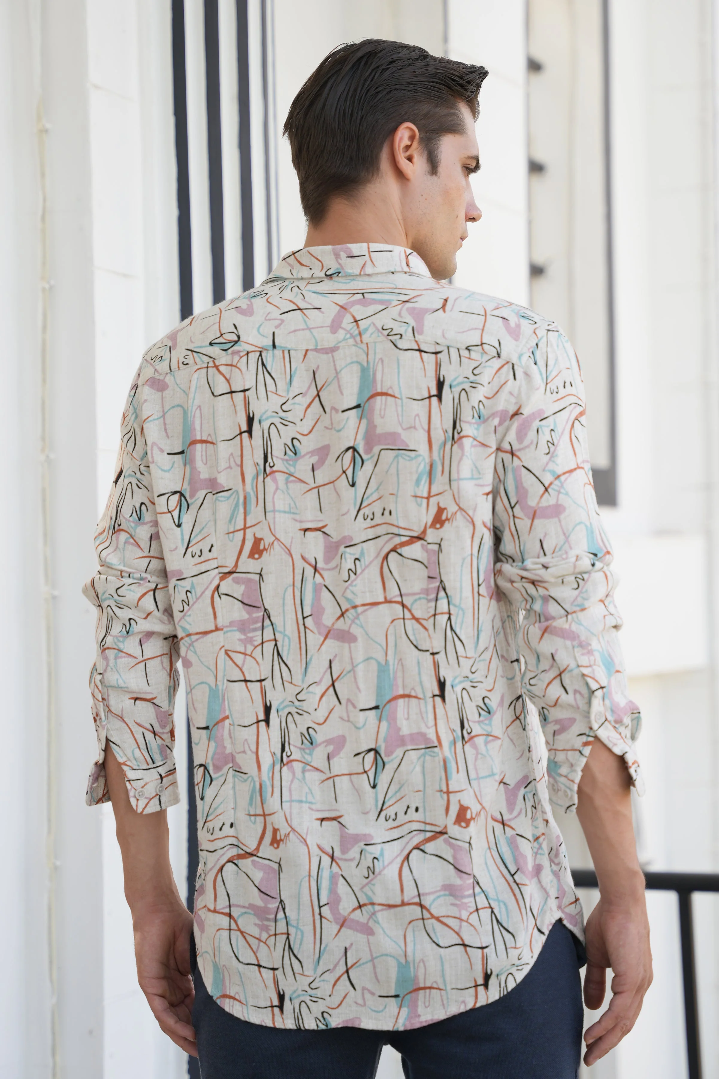 Men Rachel Viscose Linen Printed Shirt Pink - Image 8