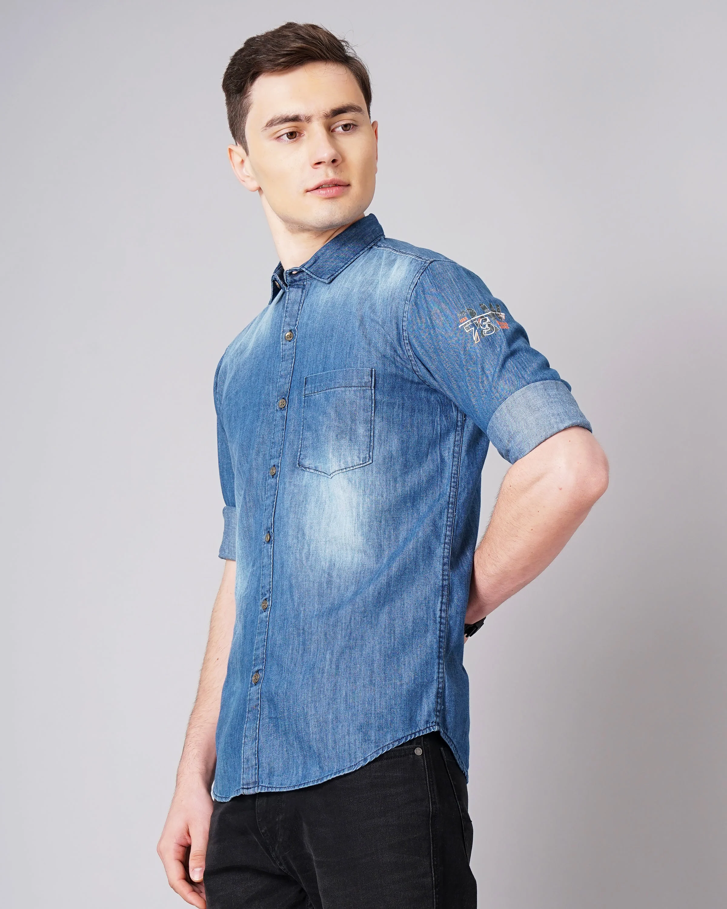Men Raw Denim Dark Blue Shirt - Image 5