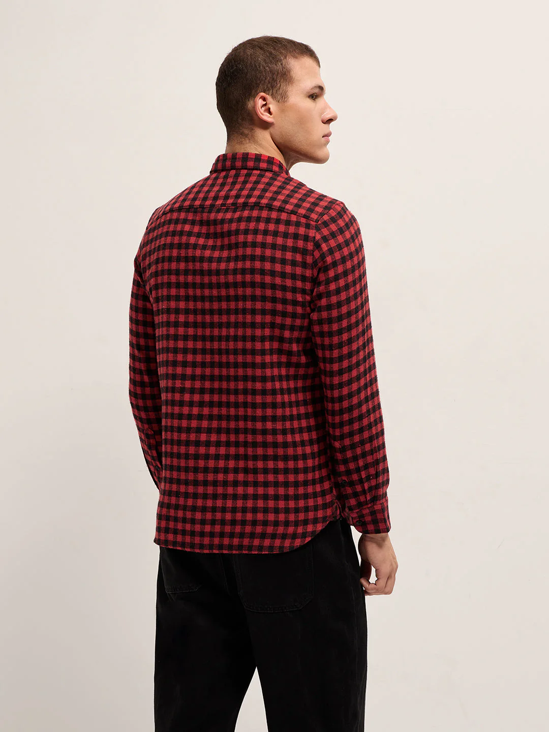 Men Red and Black Checked Flannel Slim Fit Casual Shirt - Image 2