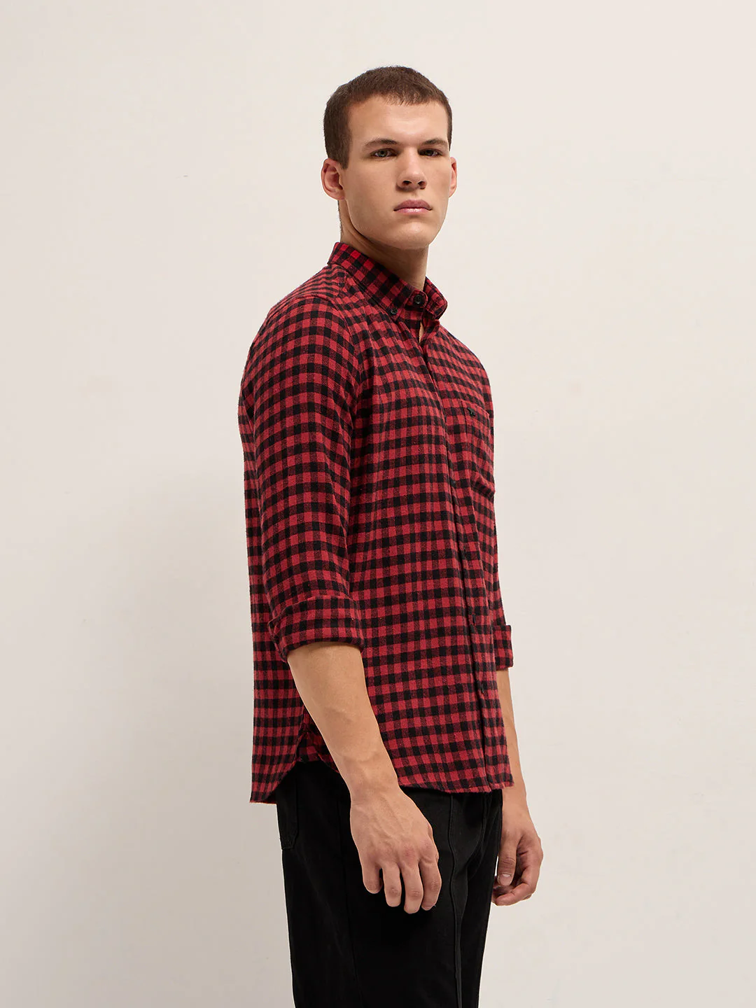 Men Red and Black Checked Flannel Slim Fit Casual Shirt - Image 3