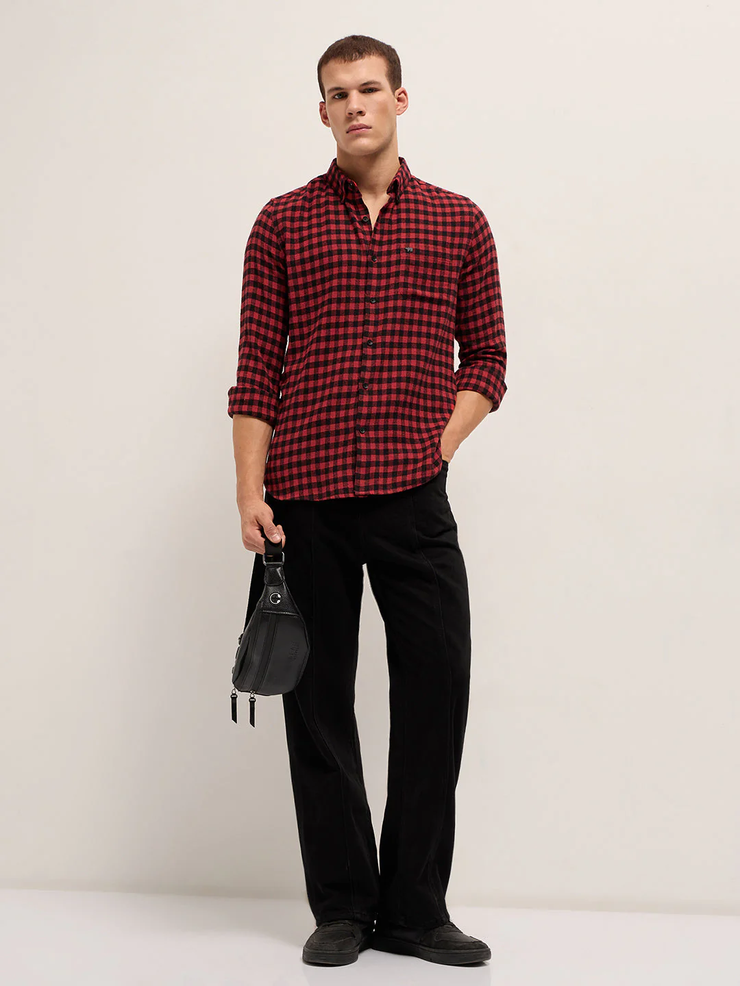 Men Red and Black Checked Flannel Slim Fit Casual Shirt - Image 4