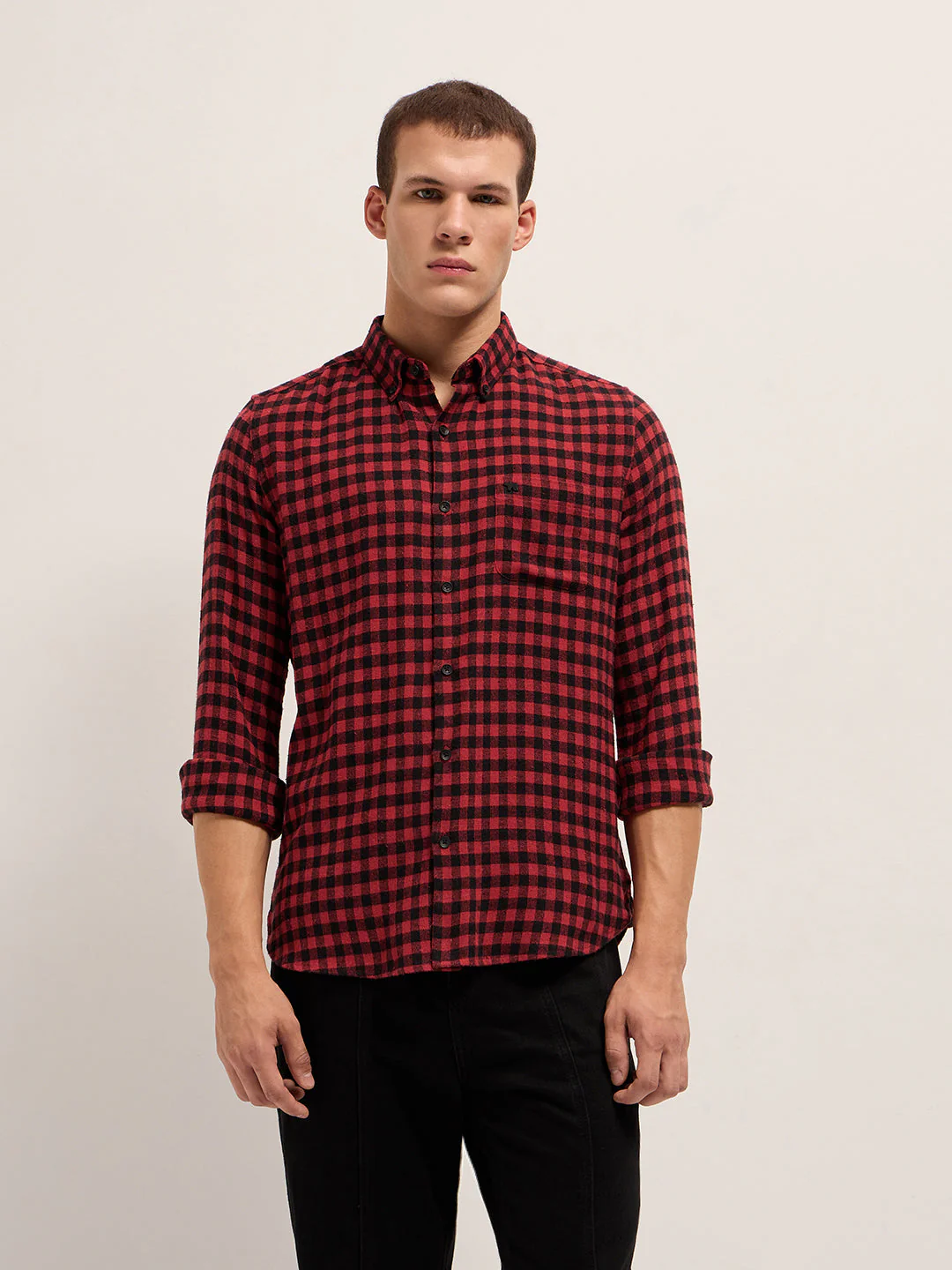 Men Red and Black Checked Flannel Slim Fit Casual Shirt - Image 5