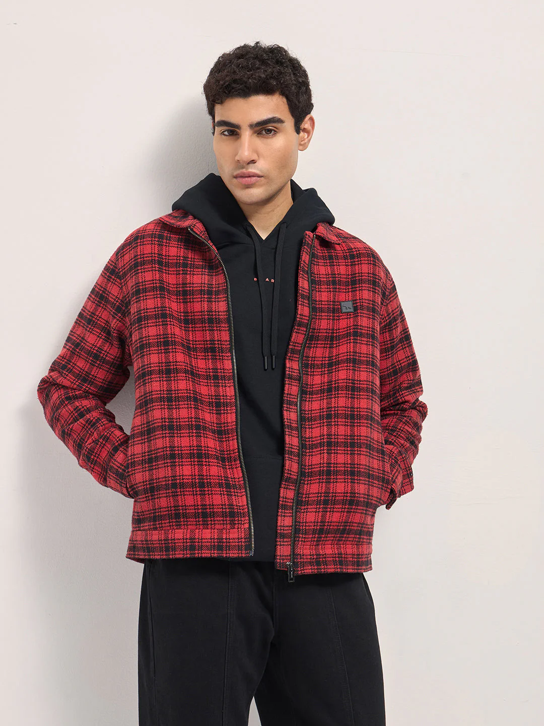 Men Red & Black Regular Fit Flannel Check Jacket