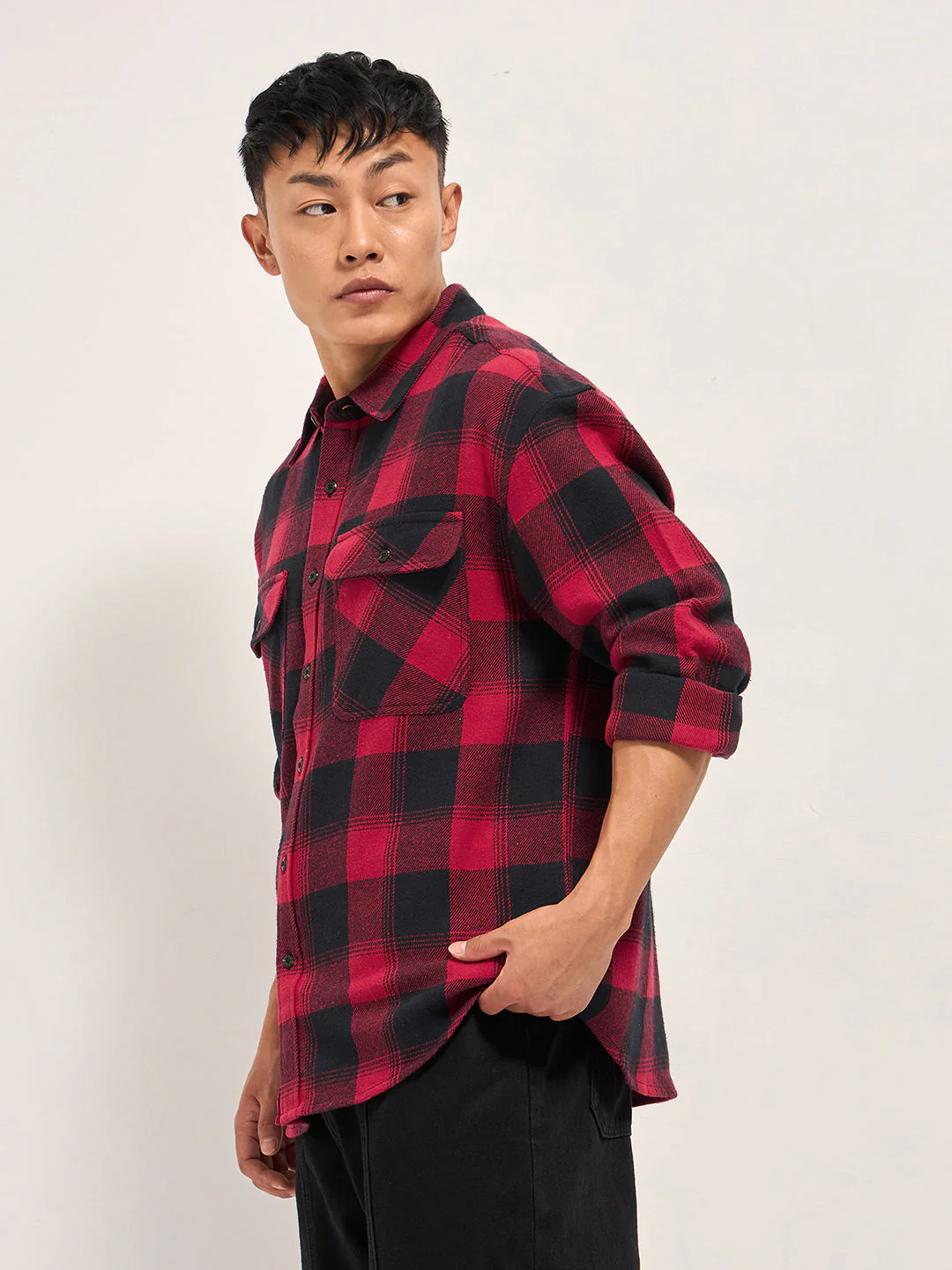 Men Red & Black Tartan Check Relaxed Fit Shacket - Image 3