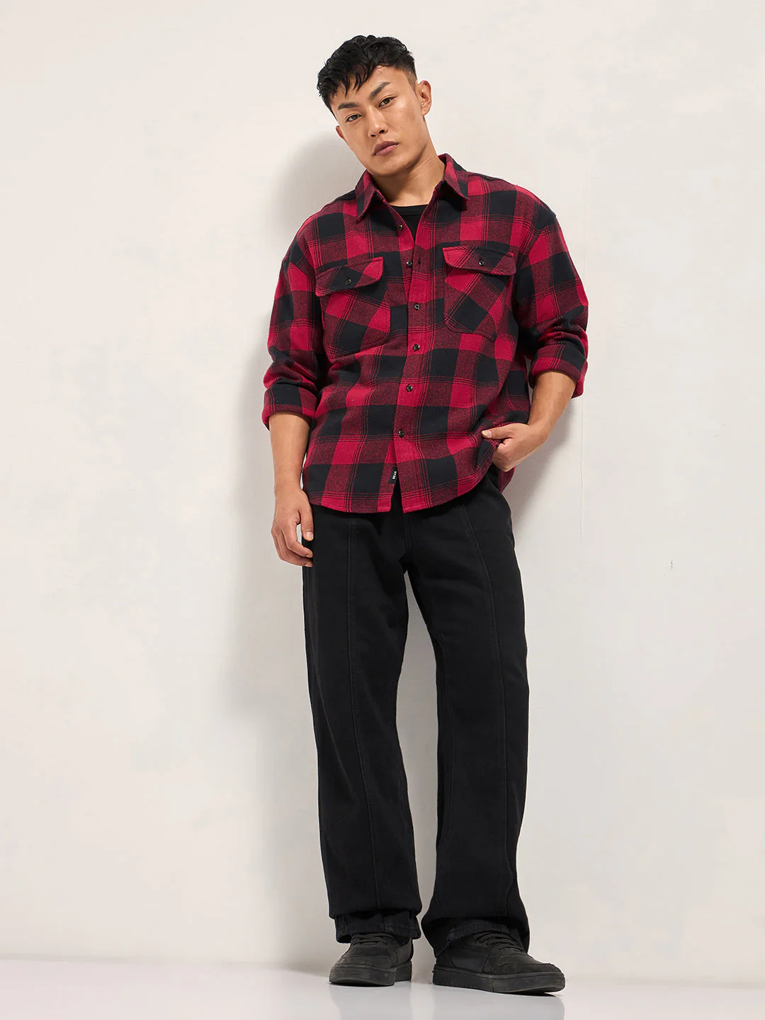 Men Red & Black Tartan Check Relaxed Fit Shacket - Image 4