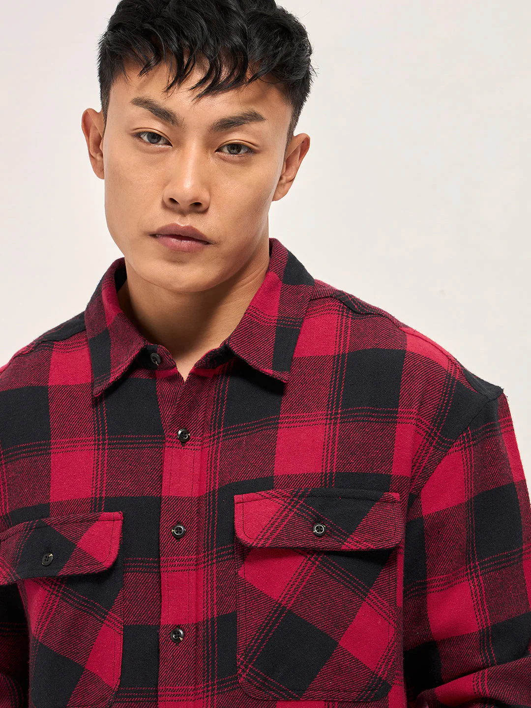 Men Red & Black Tartan Check Relaxed Fit Shacket - Image 5