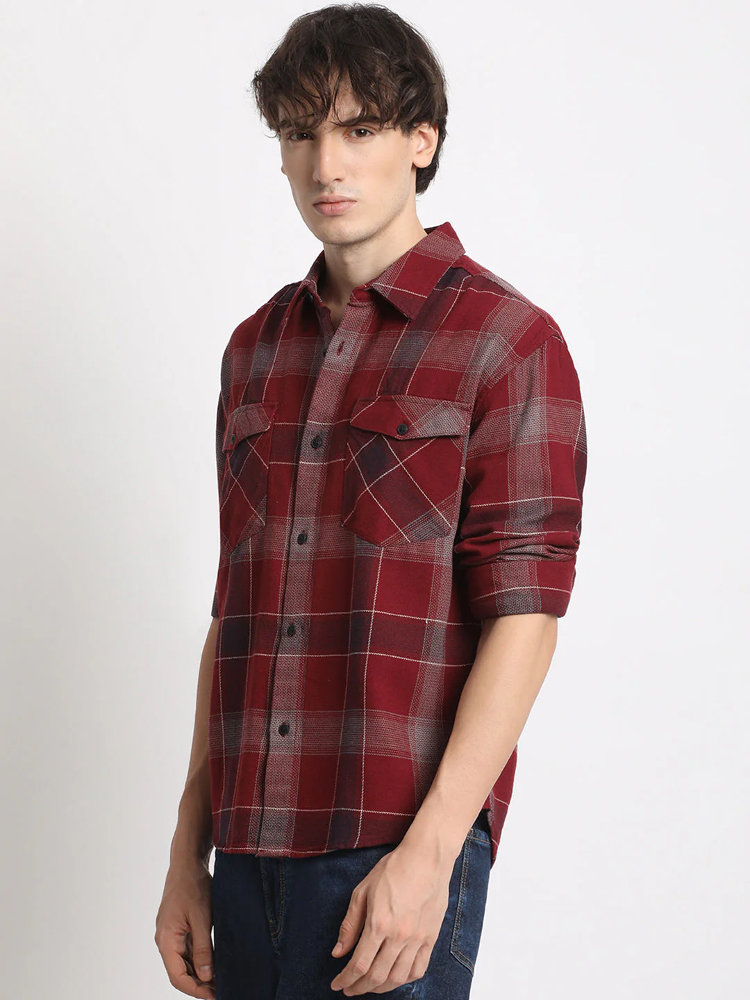 Men  Red Checked Relaxed Fit Casual Shirt - Image 3