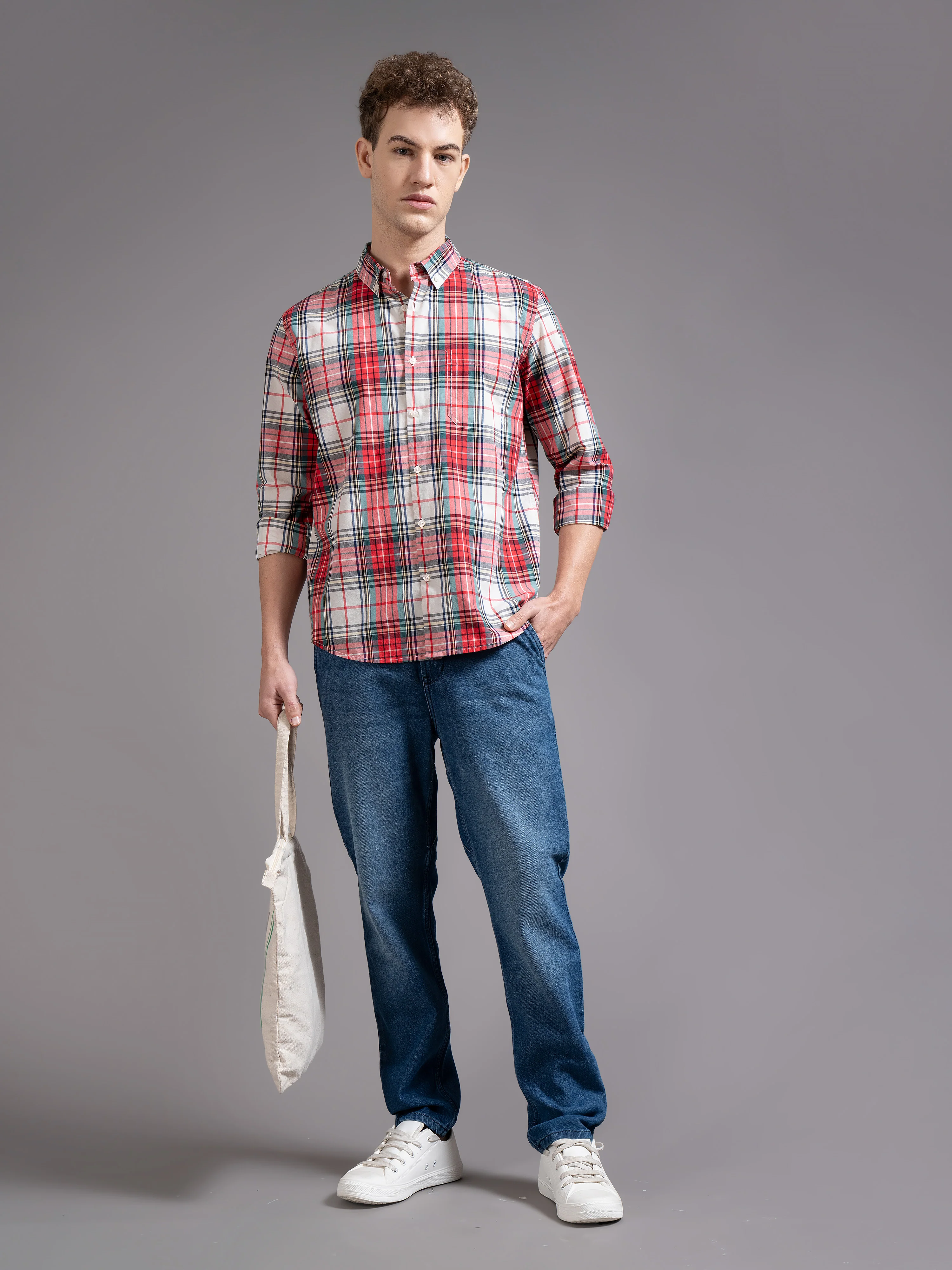 Men Red Checked Shirt - Image 3