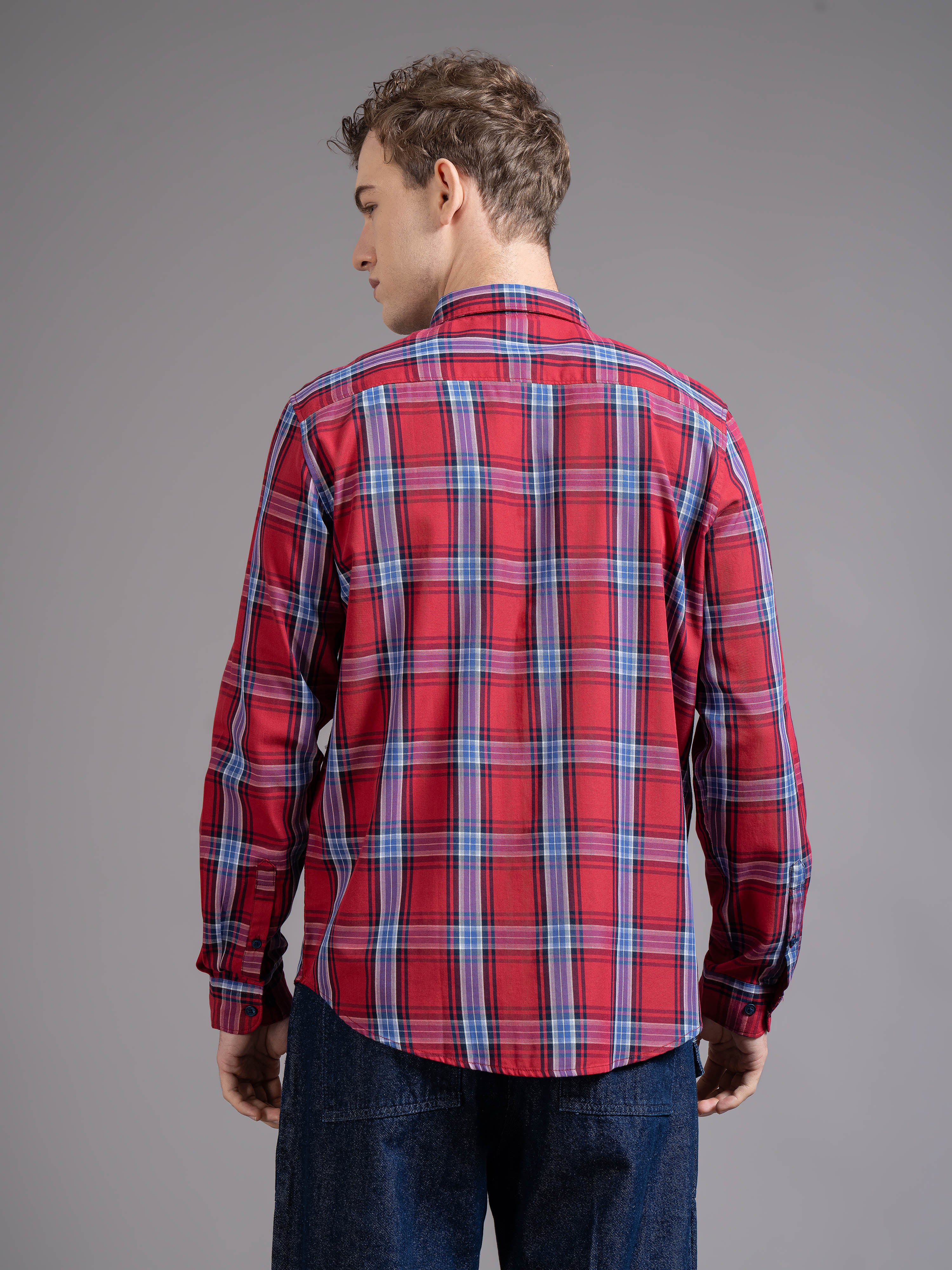 Men Red Checked Shirt - Image 2