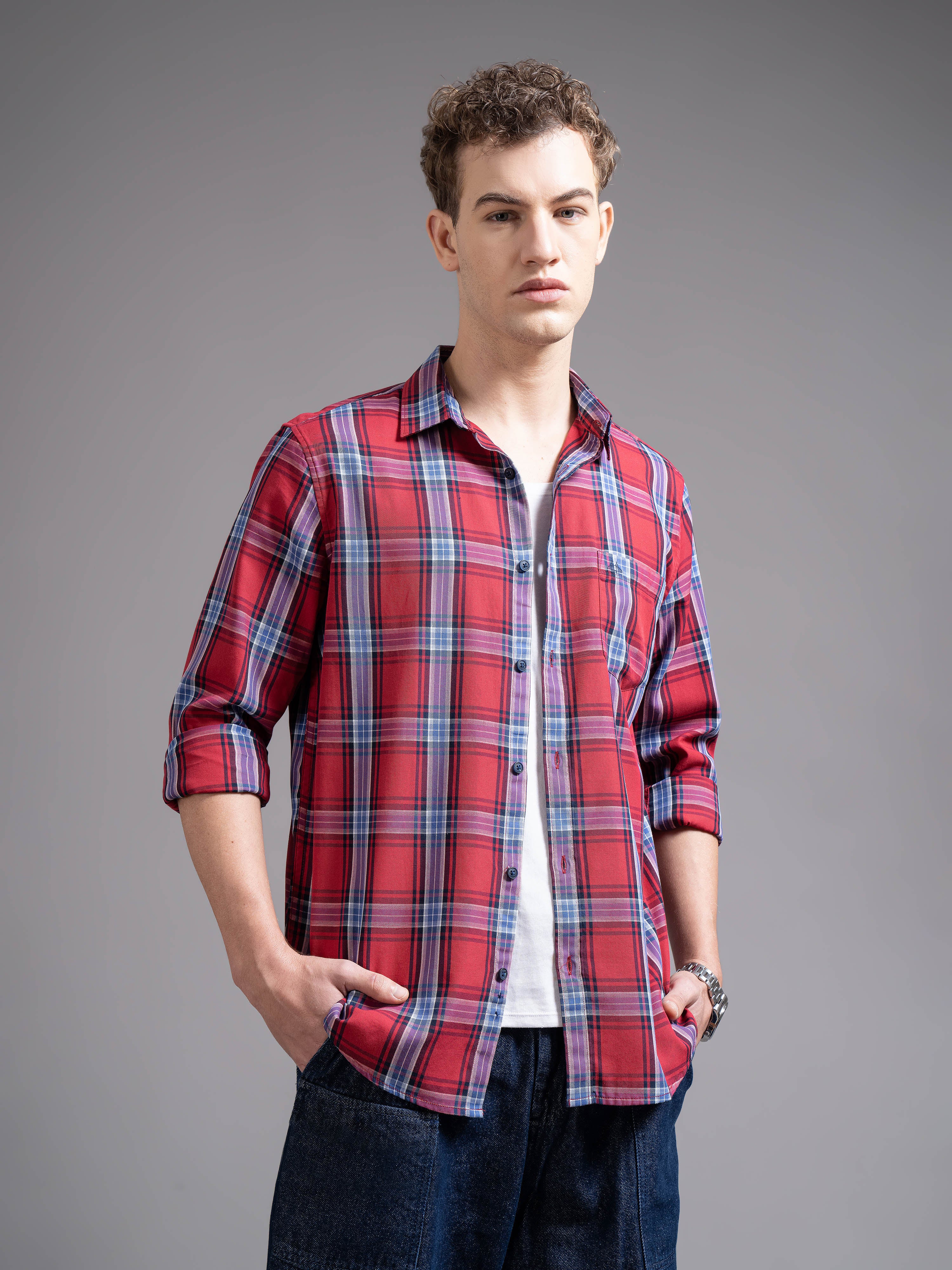 Men Red Checked Shirt - Image 3
