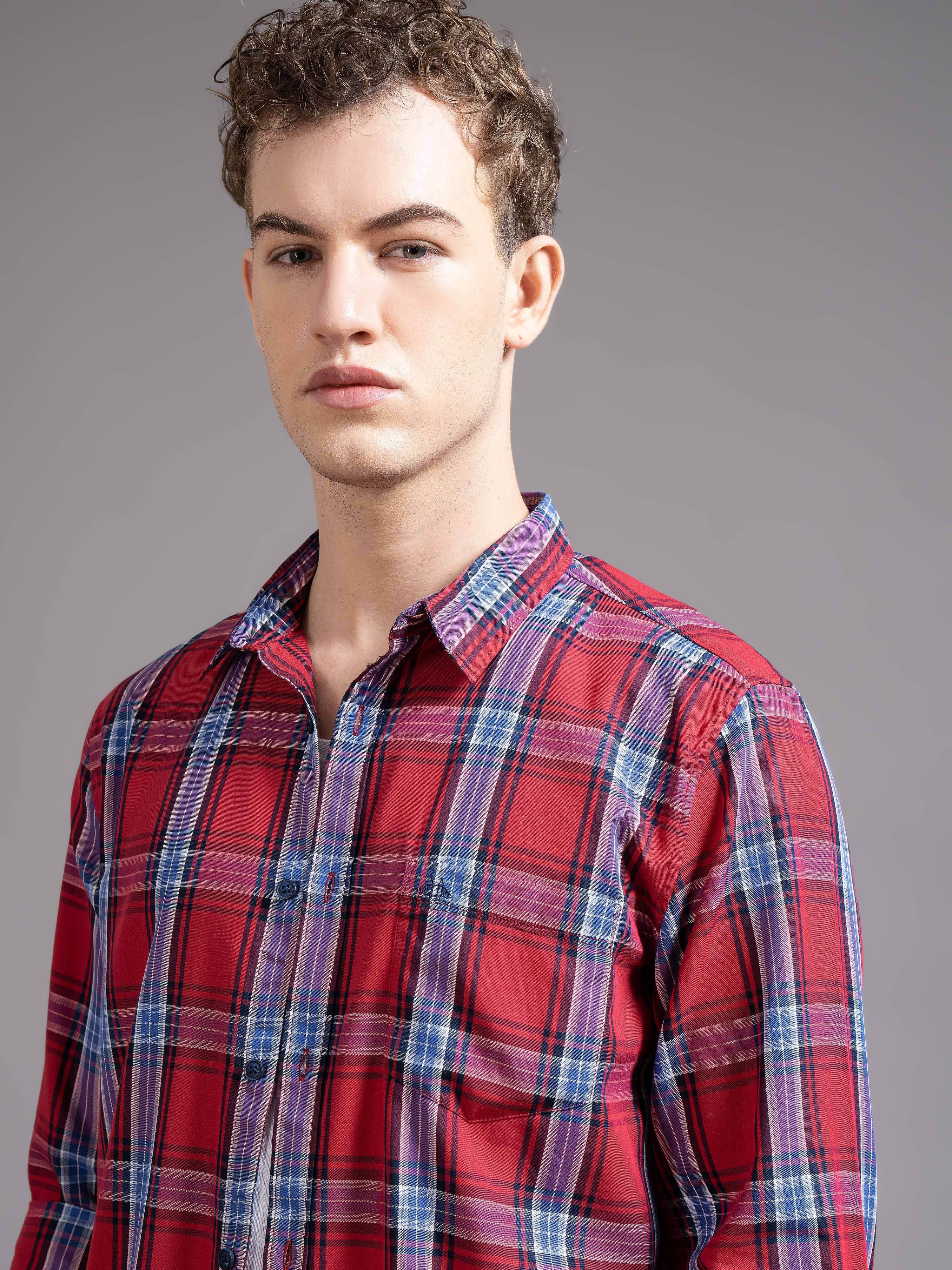 Men Red Checked Shirt - Image 5