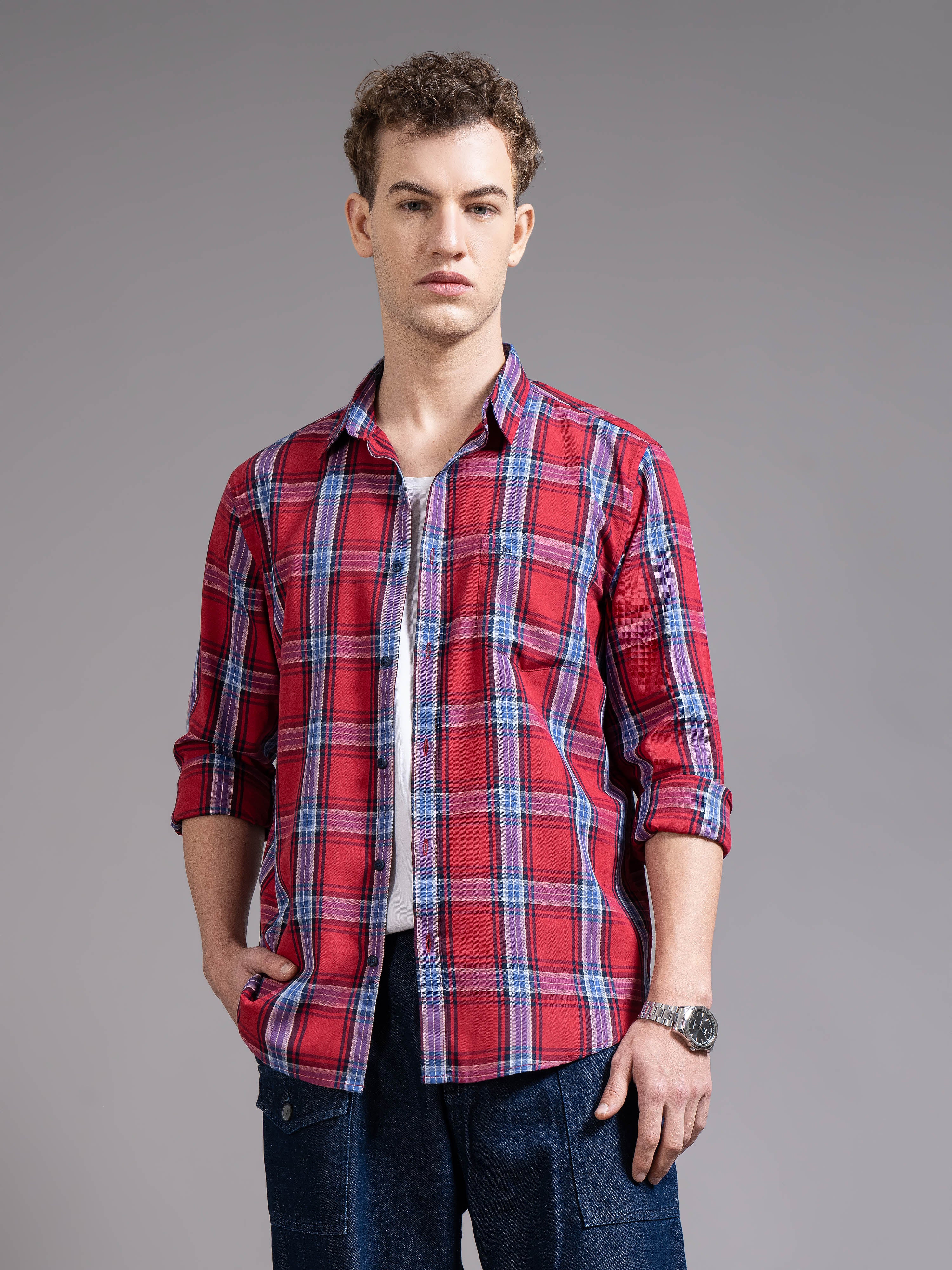 Men Red Checked Shirt - Image 6