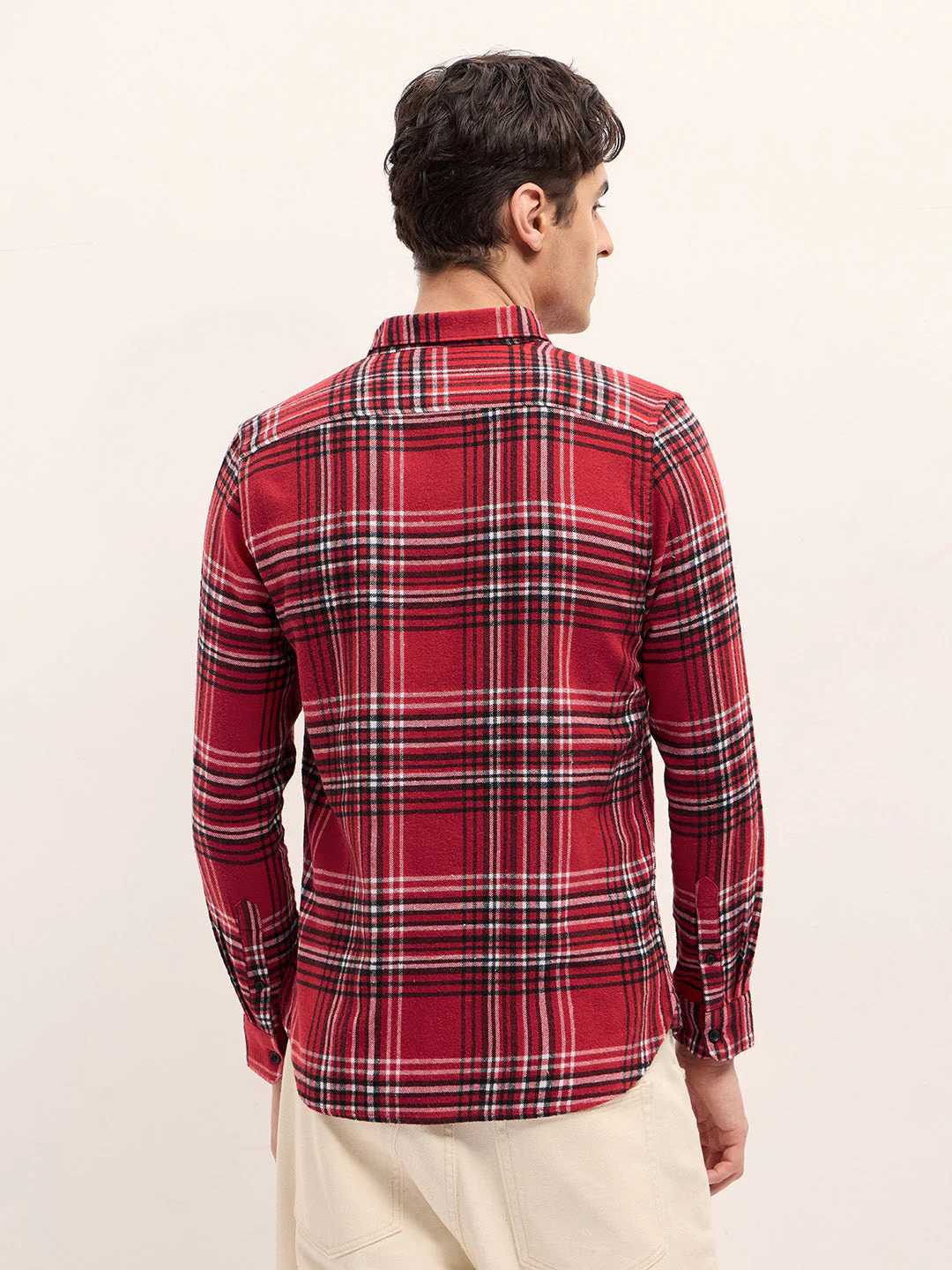 Men Red Checked Slim Fit Flannel Casual Shirt - Image 2