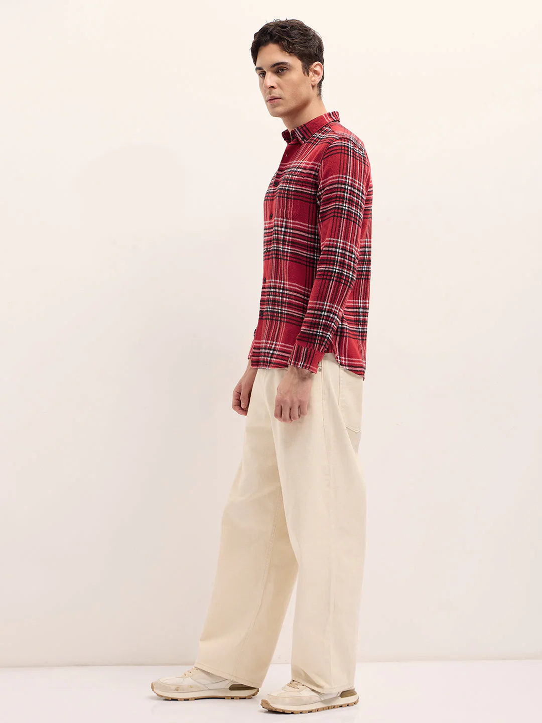 Men Red Checked Slim Fit Flannel Casual Shirt - Image 3