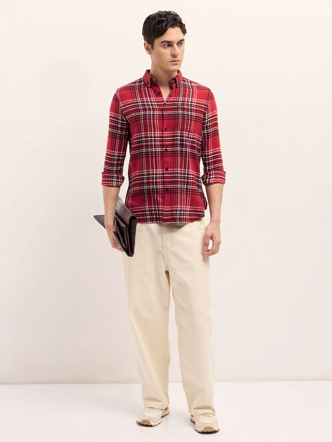 Men Red Checked Slim Fit Flannel Casual Shirt - Image 4