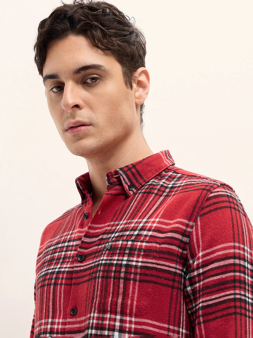 Men Red Checked Slim Fit Flannel Casual Shirt - Image 5