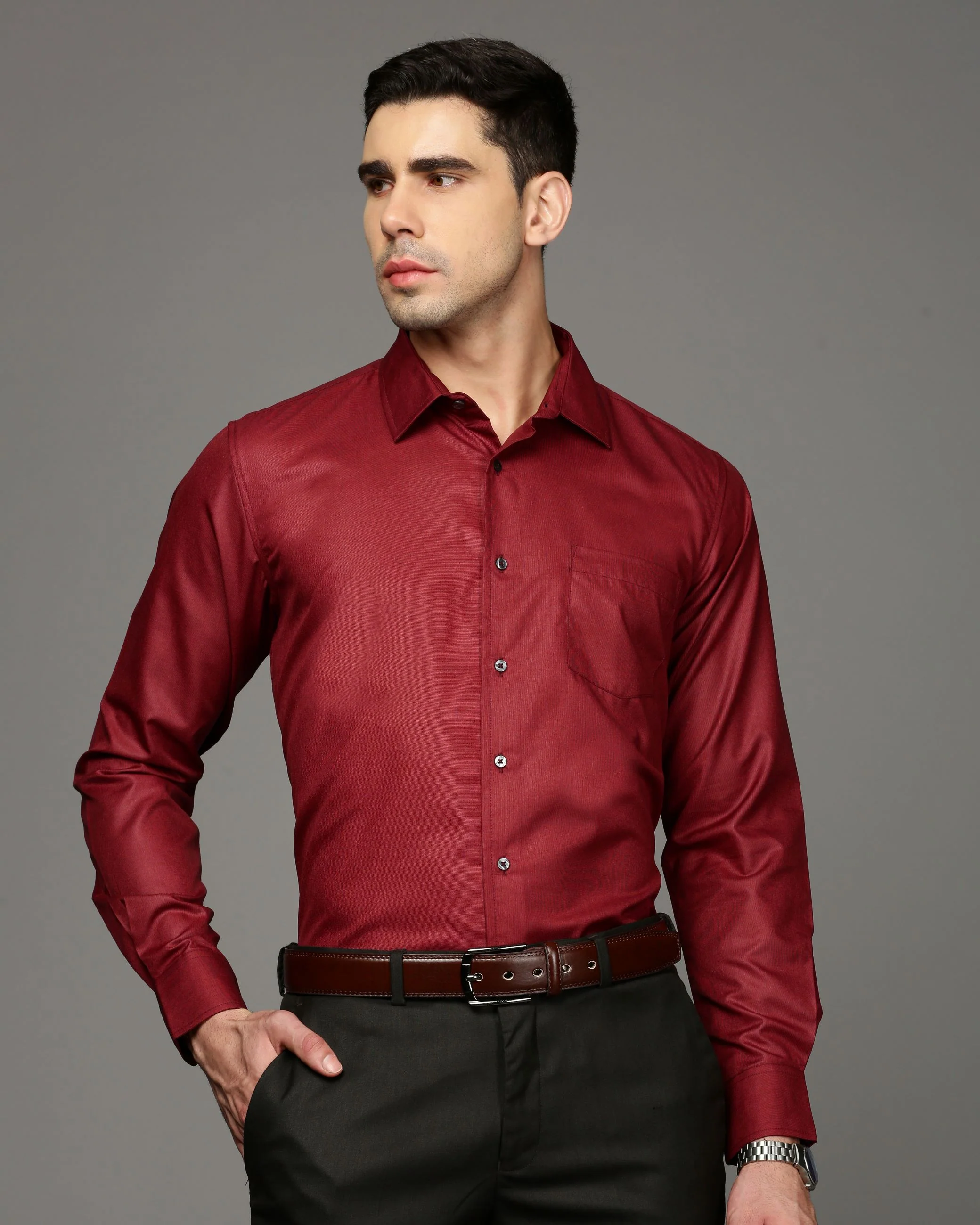 Men Red Cotton Blend Slim Shirt - Image 2