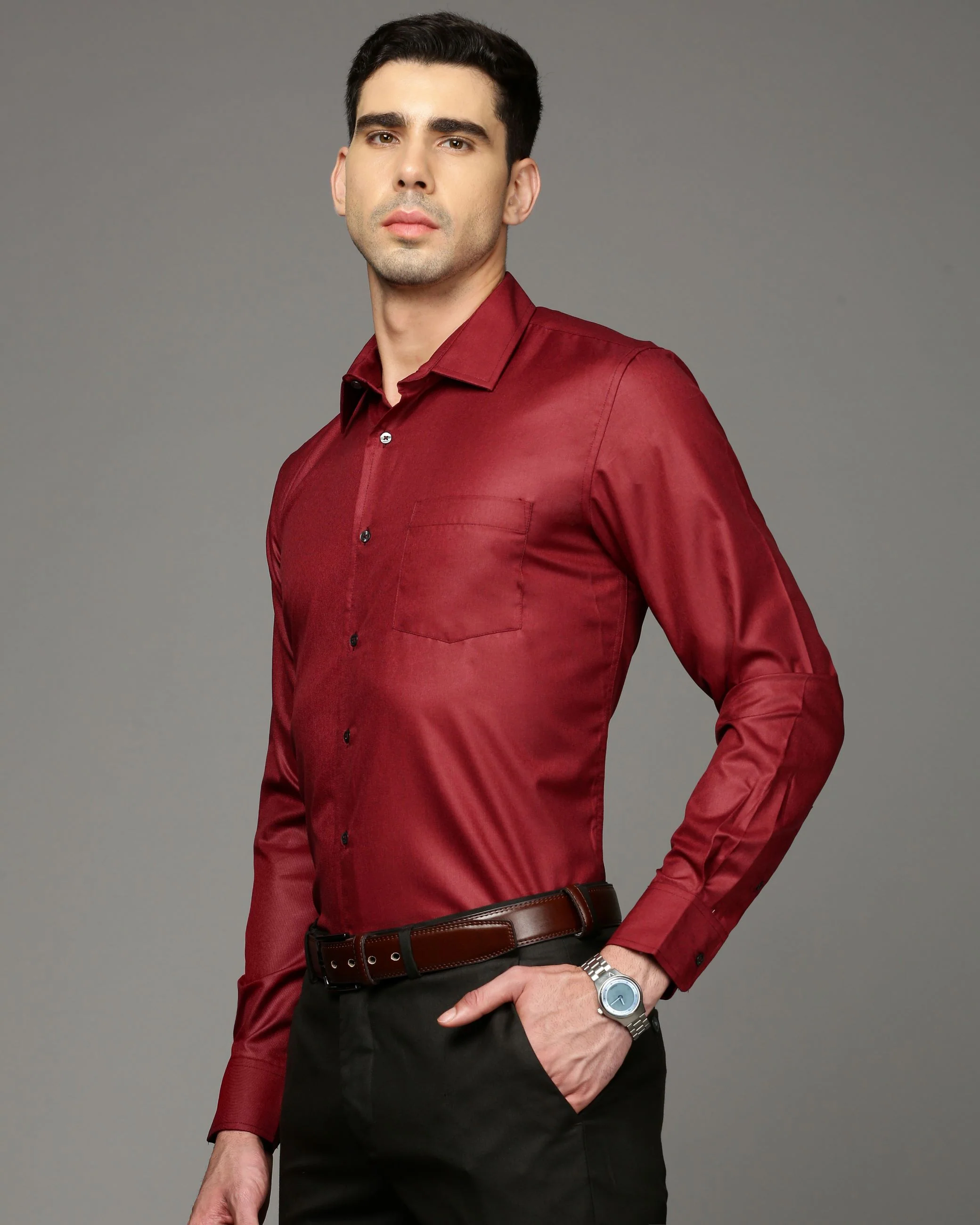 Men Red Cotton Blend Slim Shirt - Image 3