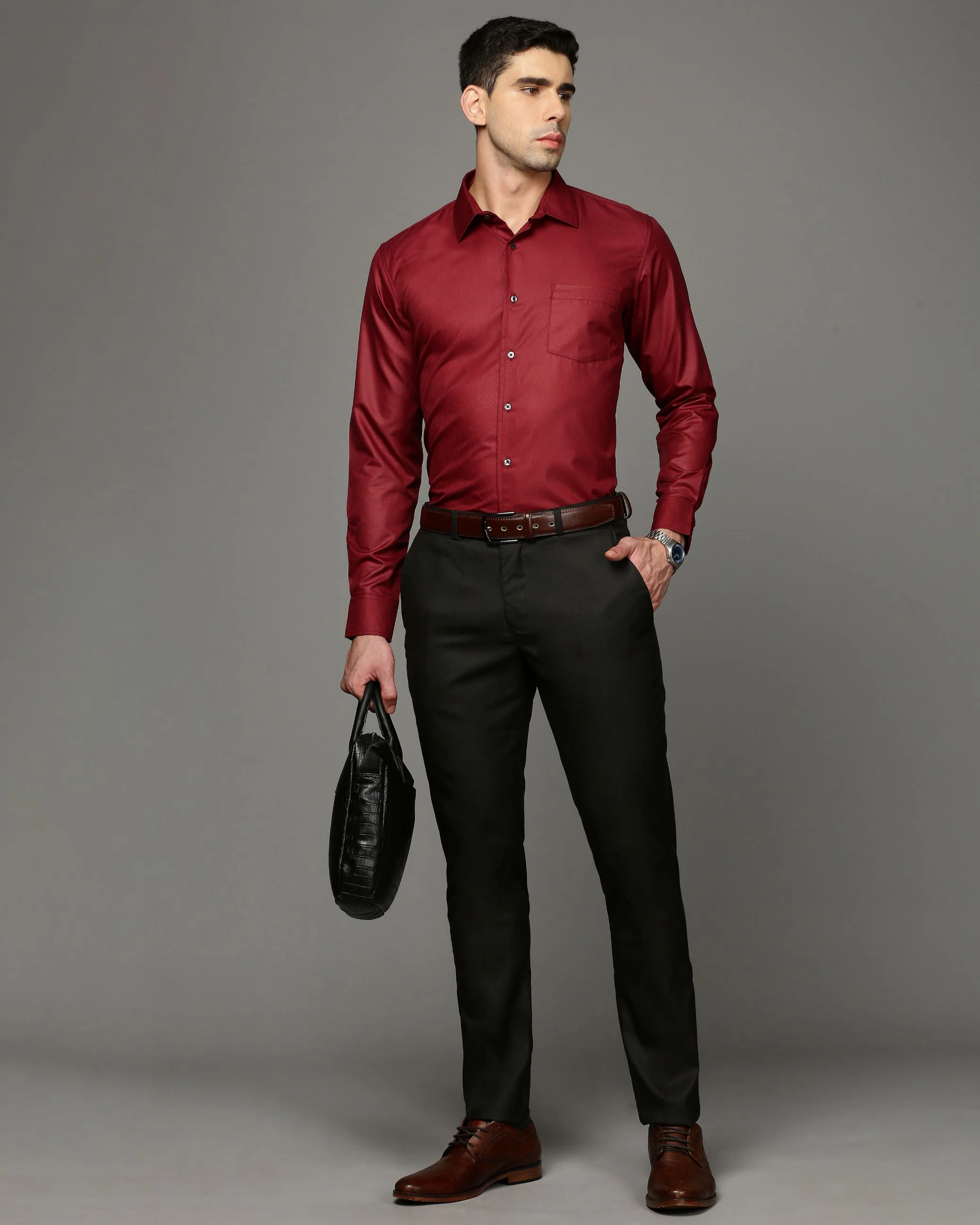 Men Red Cotton Blend Slim Shirt - Image 5