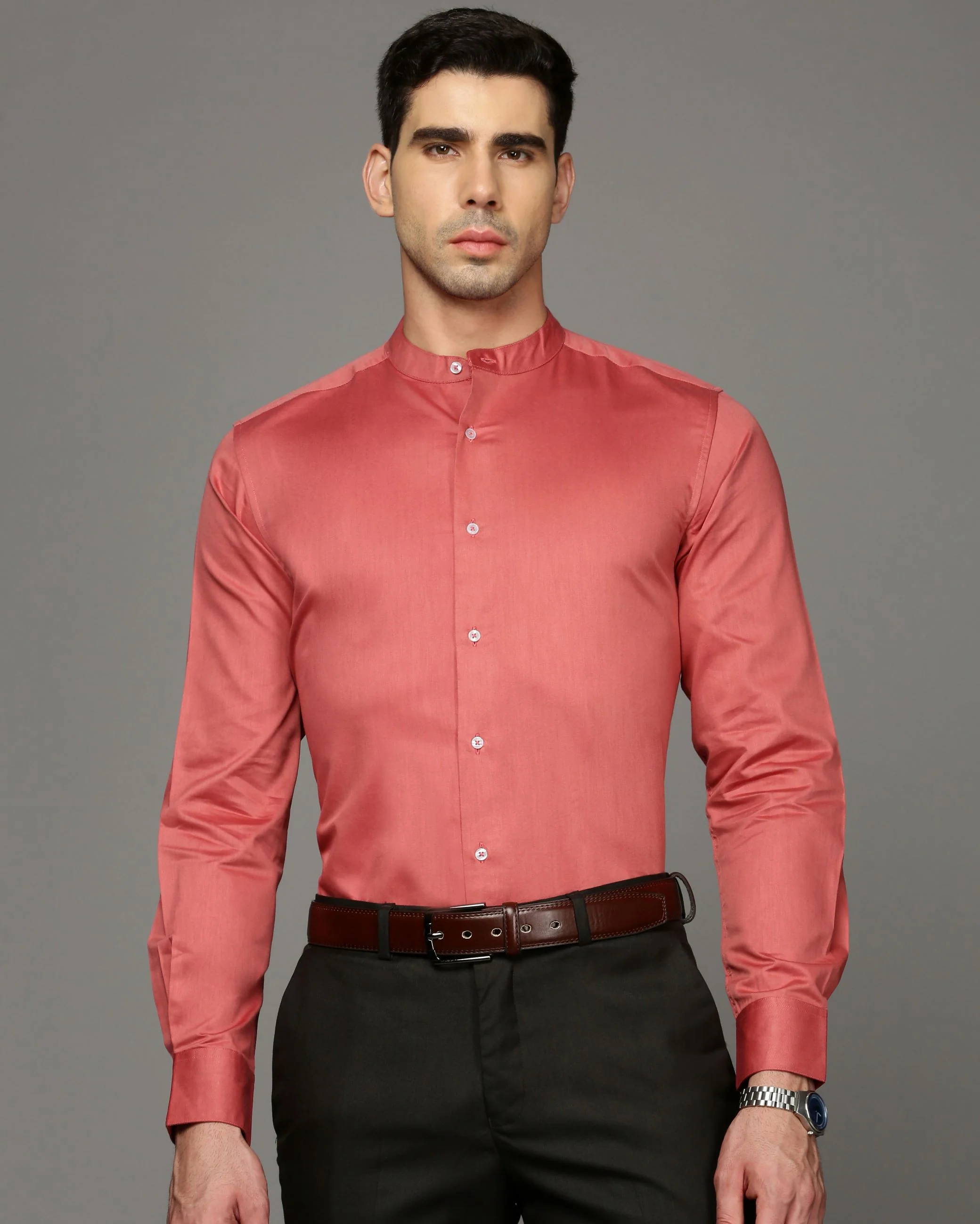 Men Red Cotton Blend Slim Shirt - Image 2