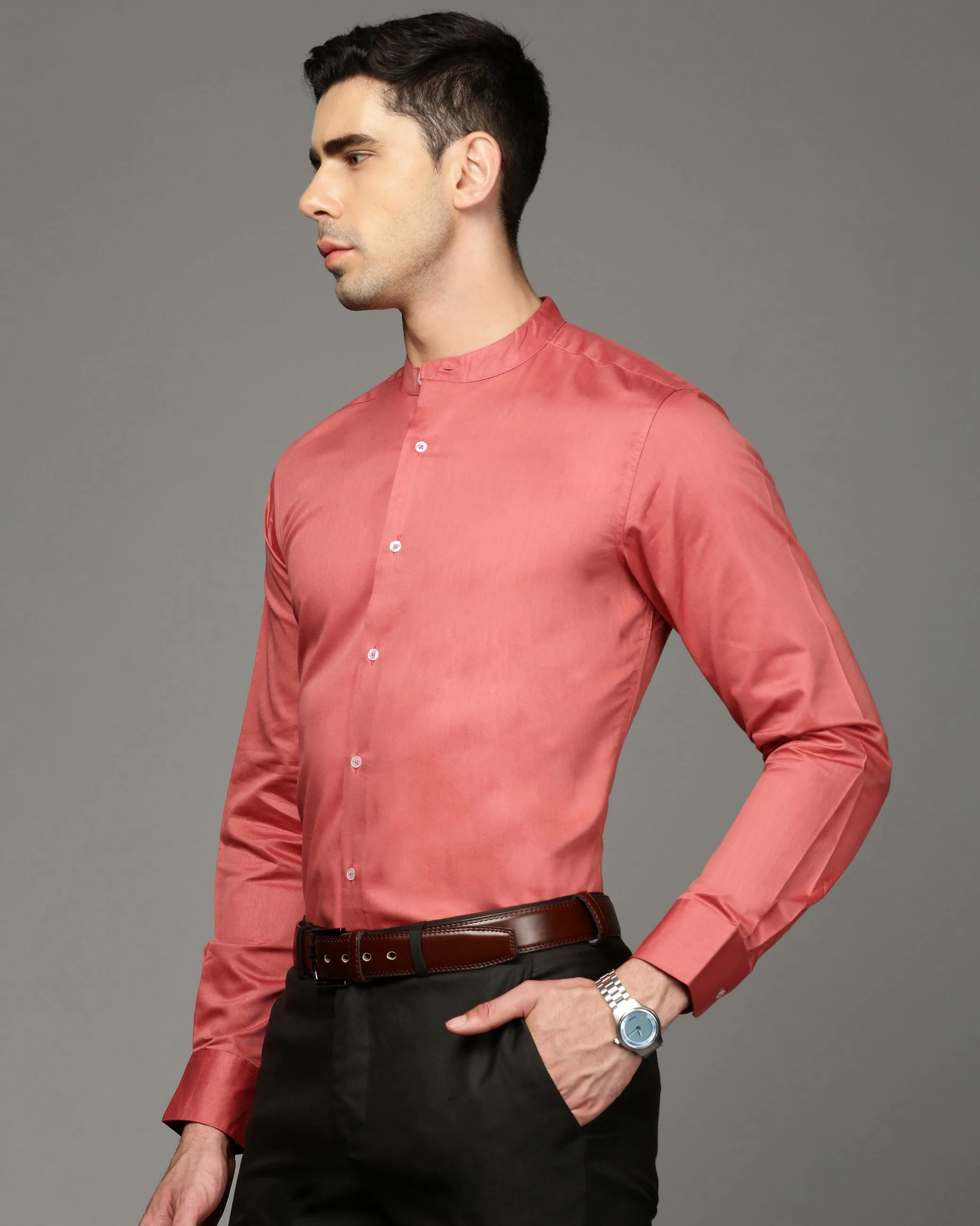 Men Red Cotton Blend Slim Shirt - Image 3