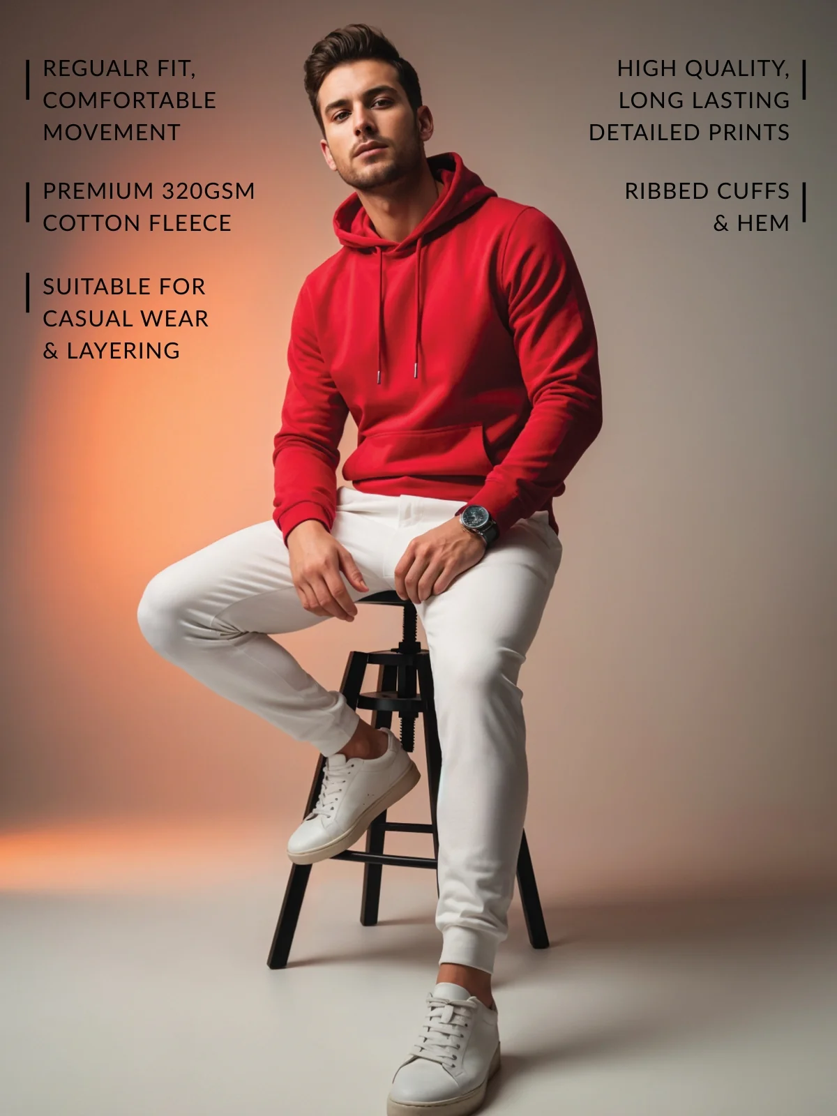 Men Red Cotton Fleece Printed Hoodie - Image 3