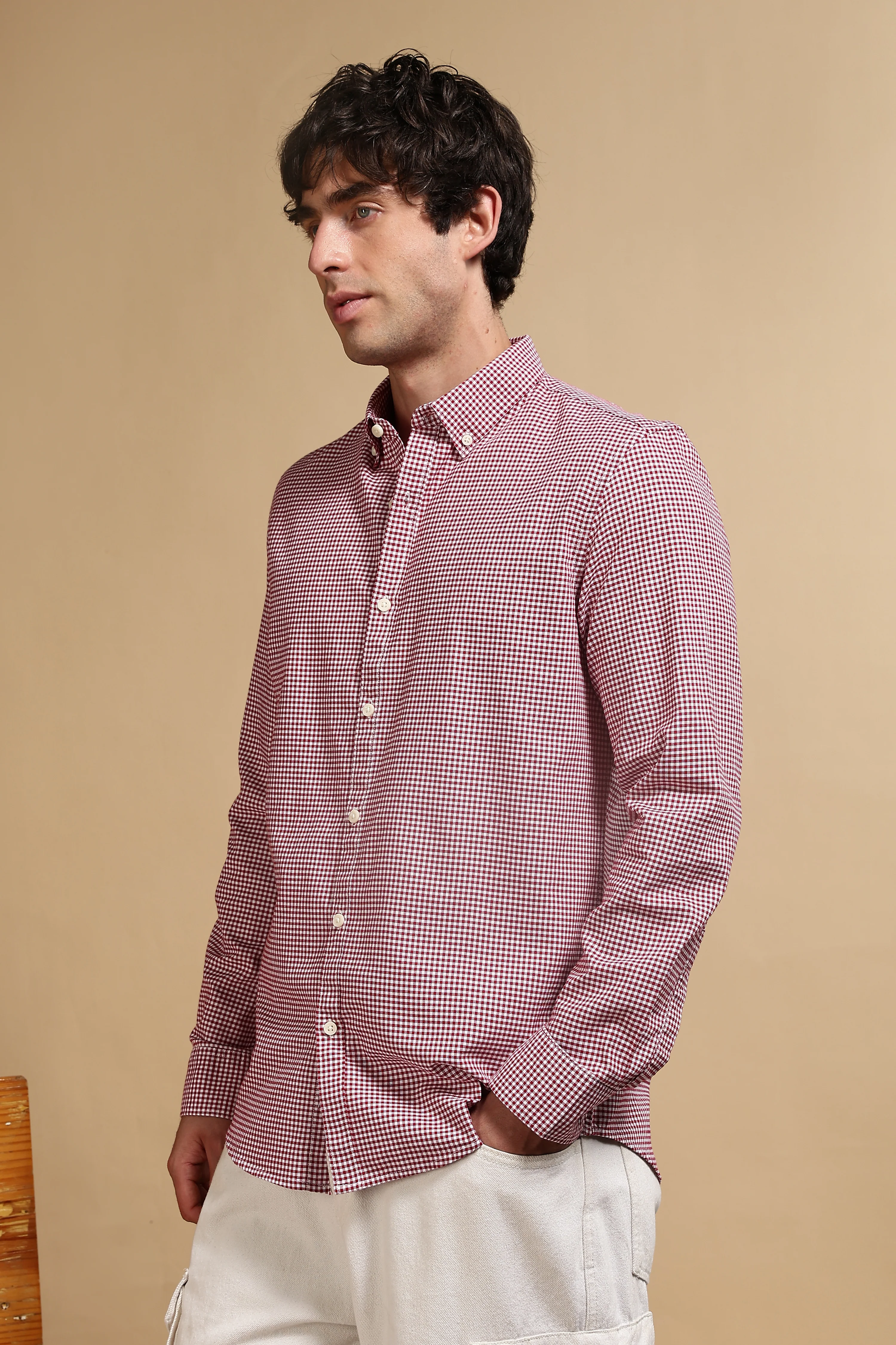 Men Red Cotton Oxford Slim Fit Mini Checks Shirt - Image 5