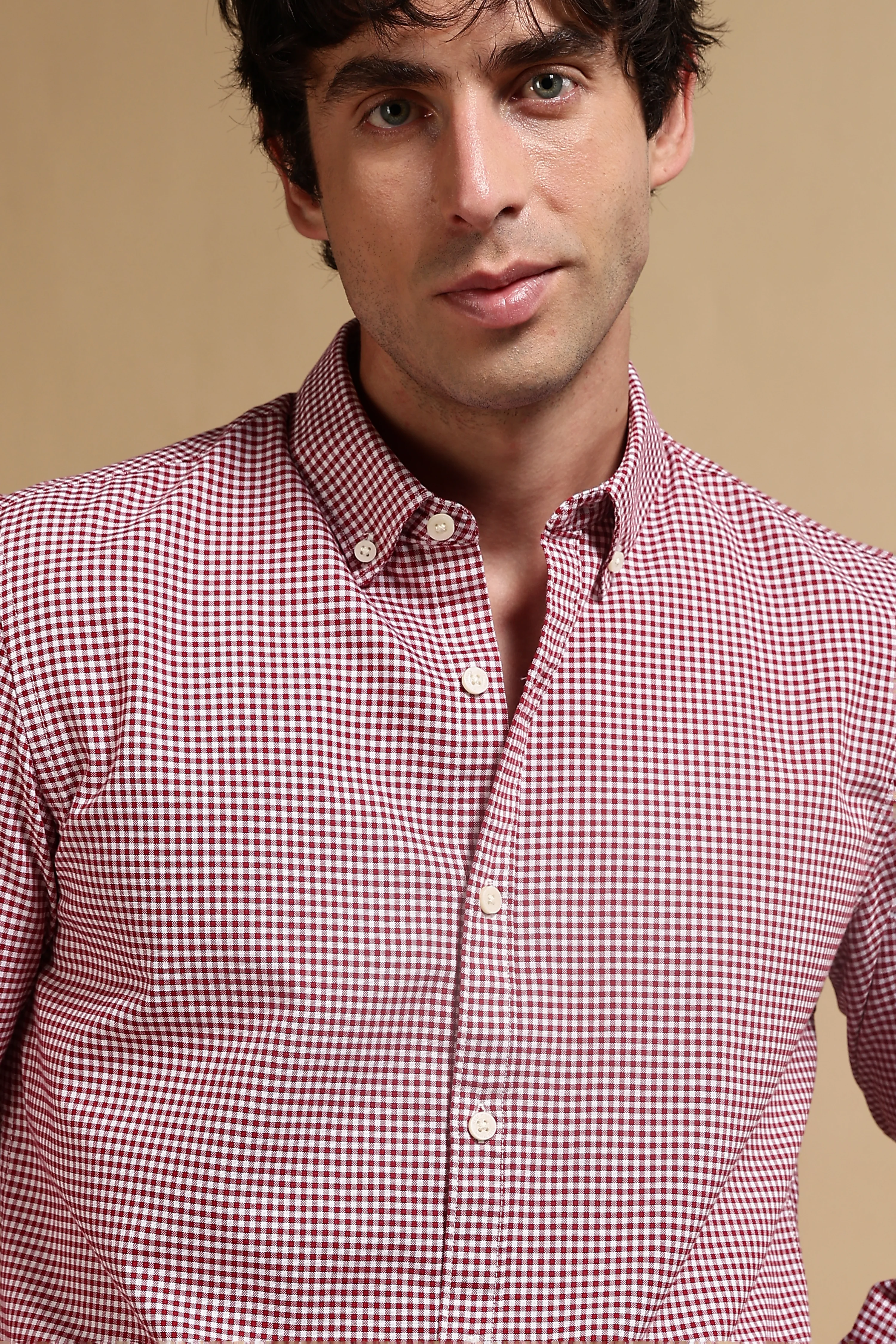 Men Red Cotton Oxford Slim Fit Mini Checks Shirt - Image 6