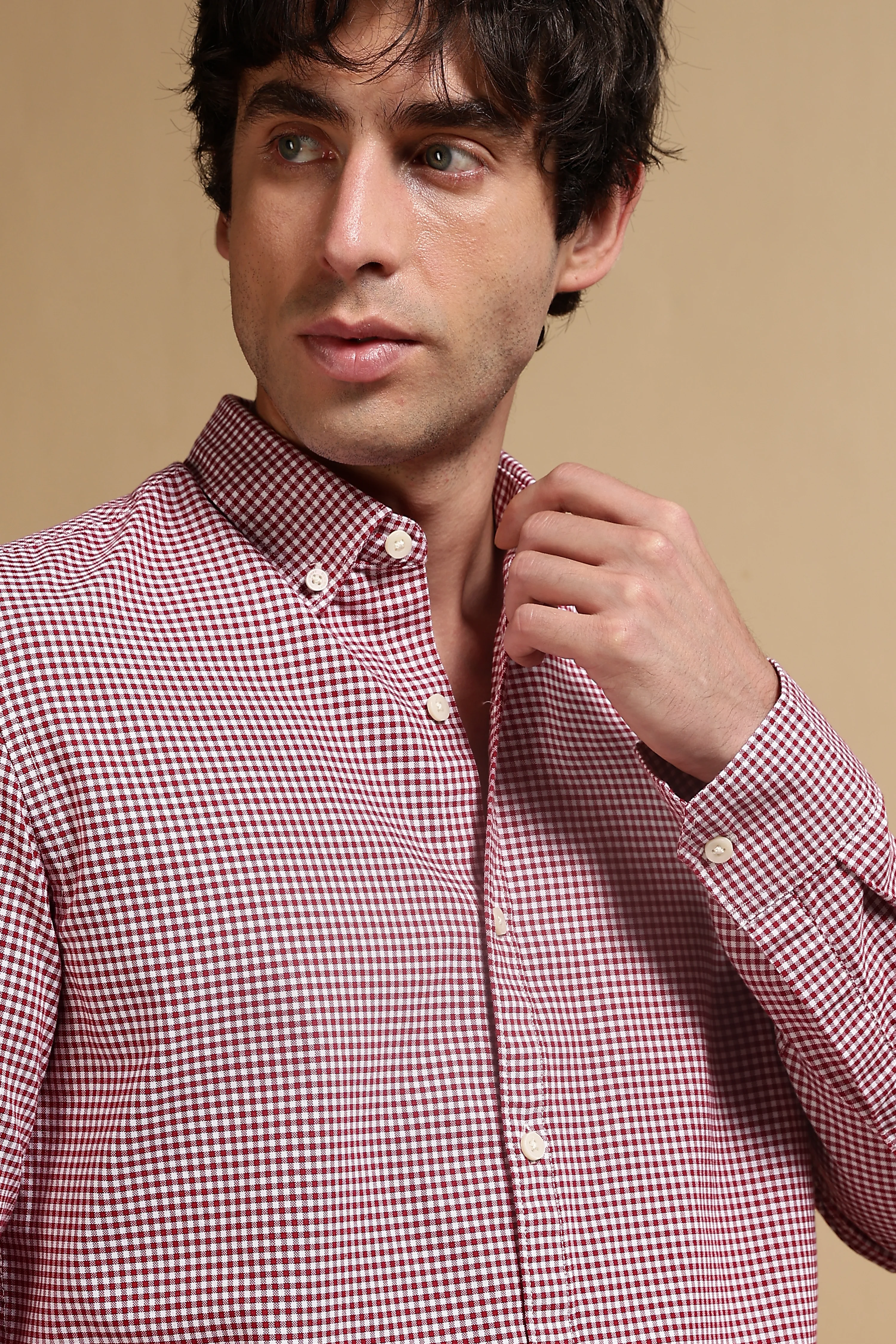 Men Red Cotton Oxford Slim Fit Mini Checks Shirt - Image 7
