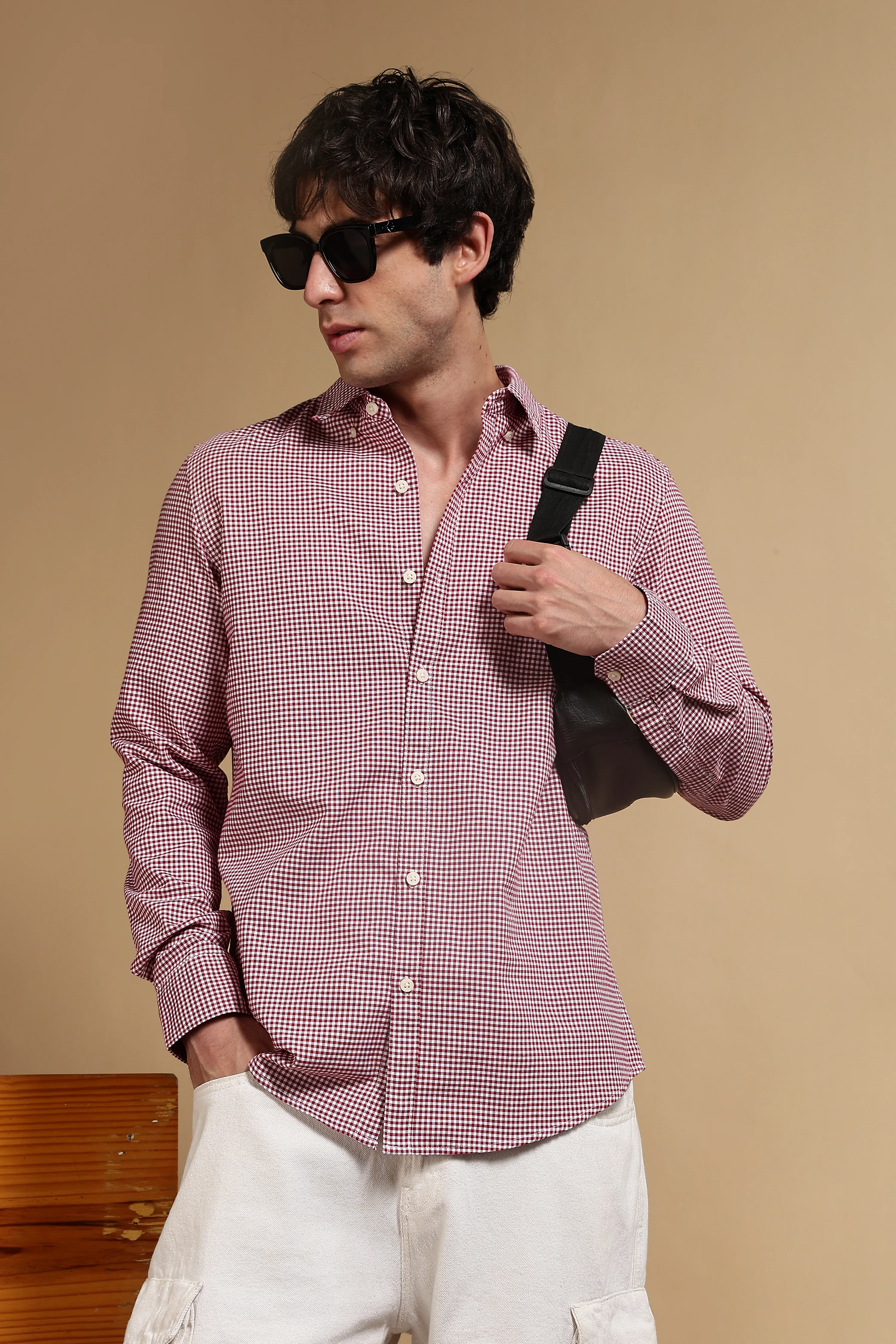 Men Red Cotton Oxford Slim Fit Mini Checks Shirt - Image 9