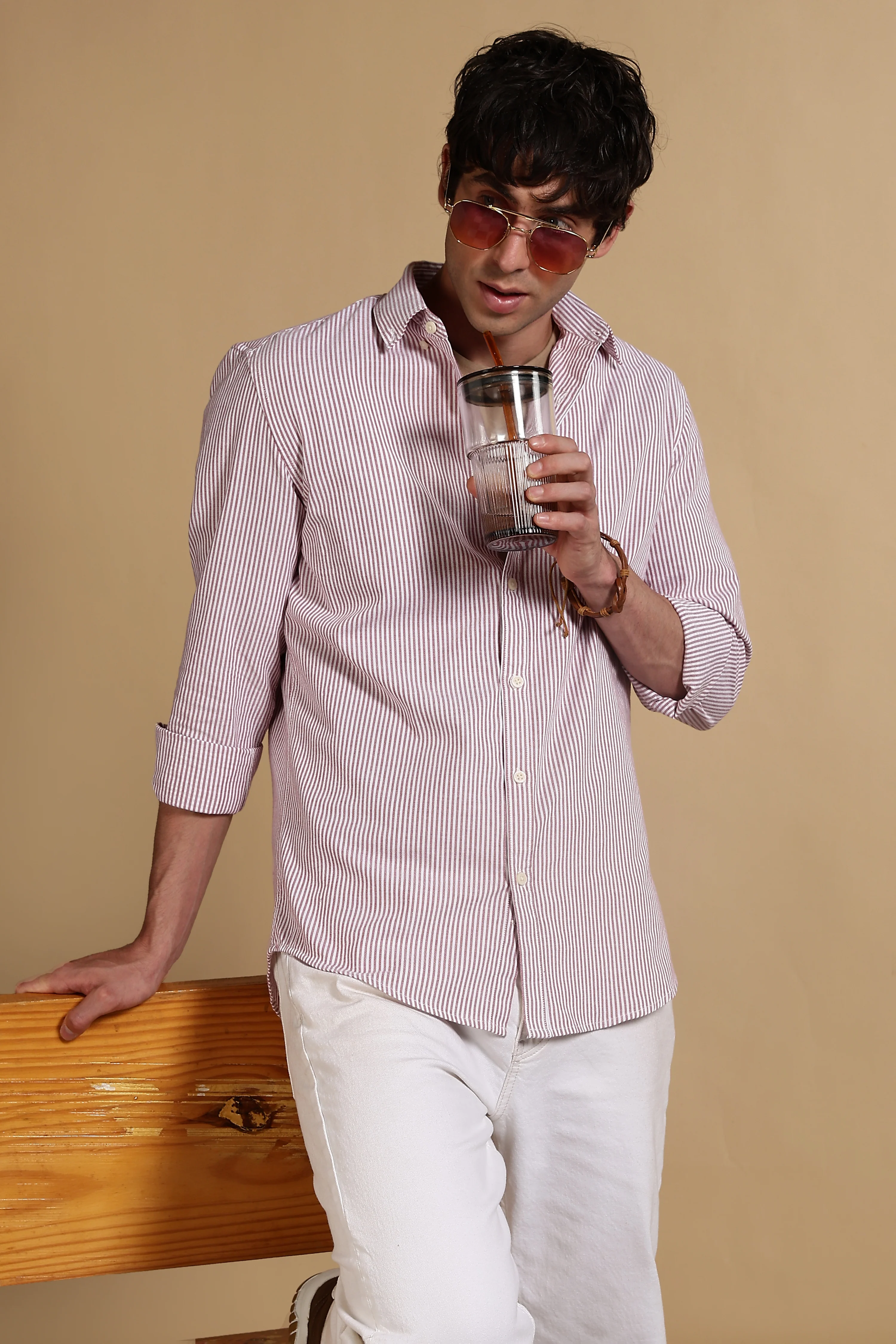 Men Red Cotton Oxford Slim Fit Striped Shirt - Image 4