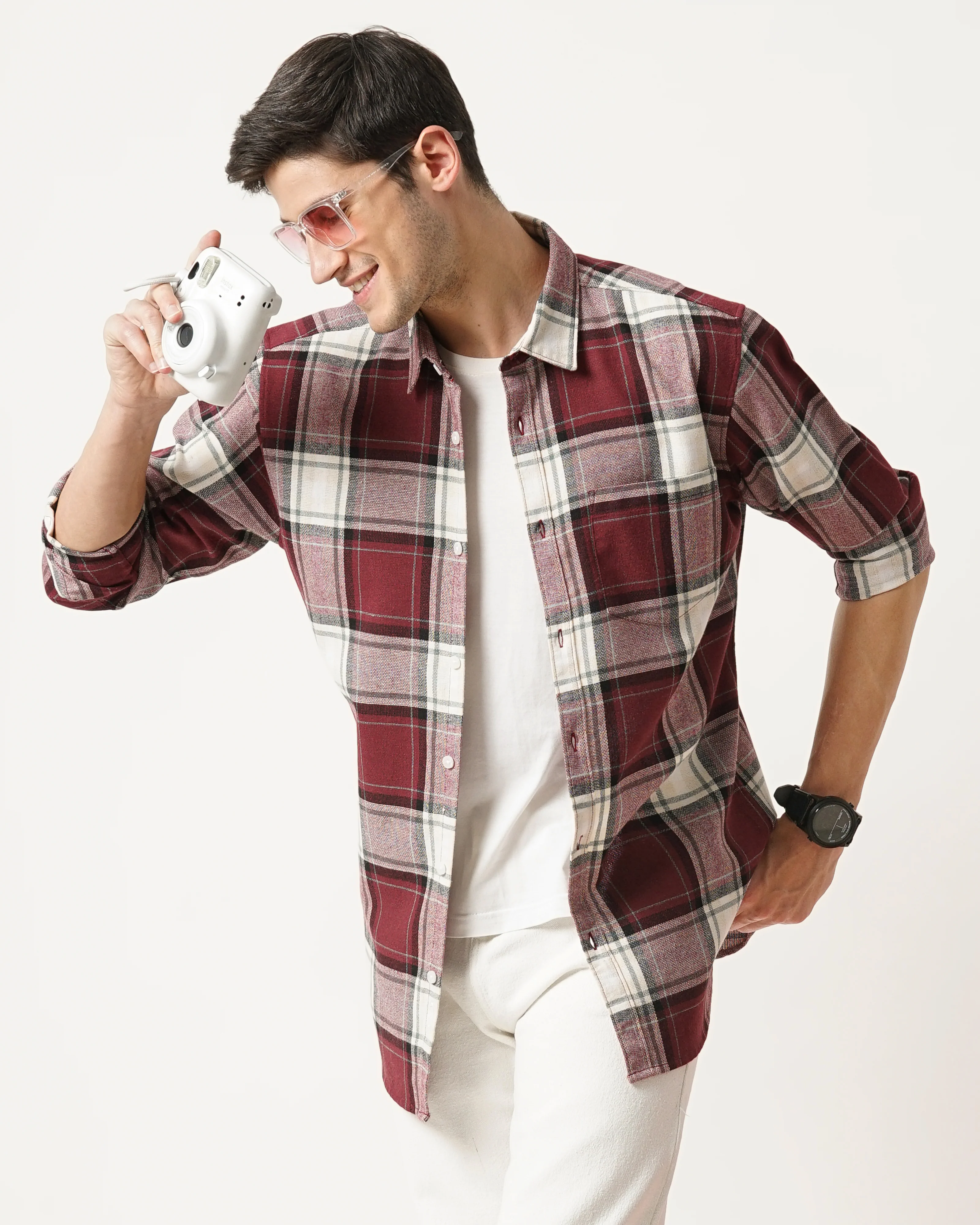 Men Red Cotton Slim Shirt - Image 5