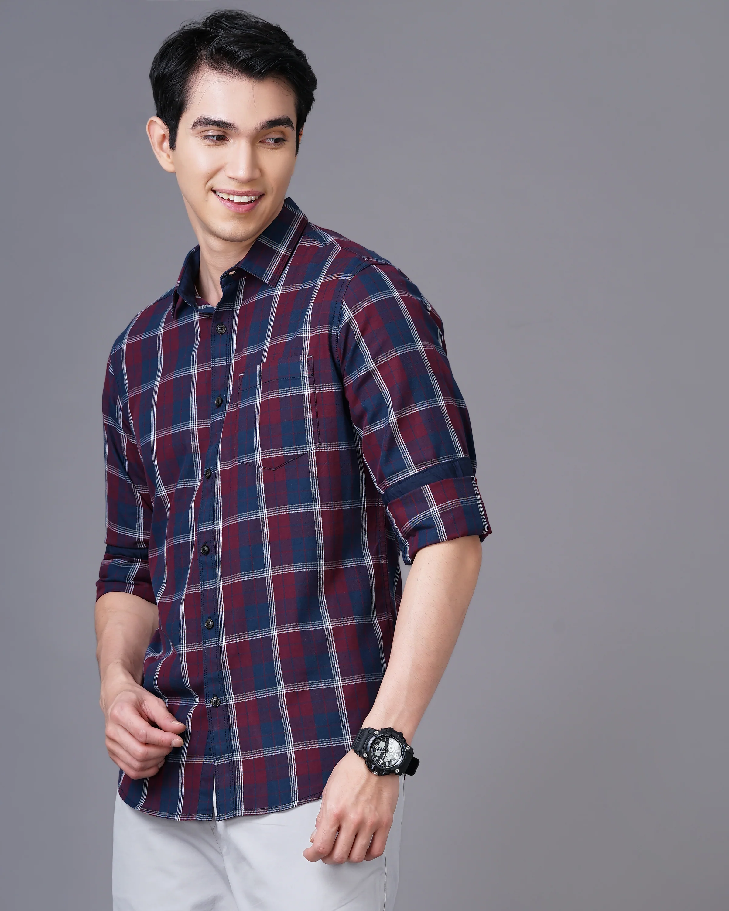 Men Red Cotton Slim Shirt - Image 2