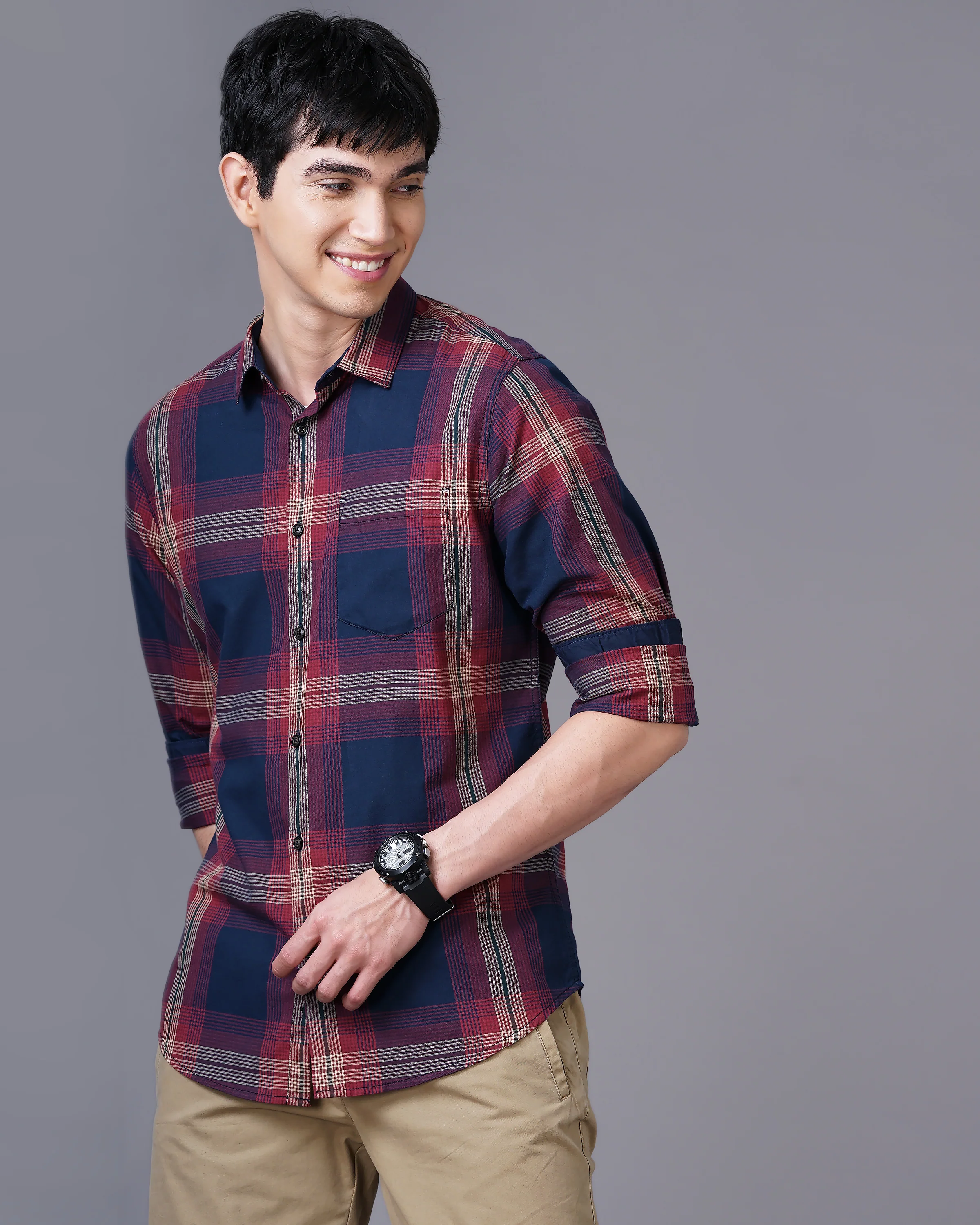 Men Red Cotton Slim Shirt - Image 2