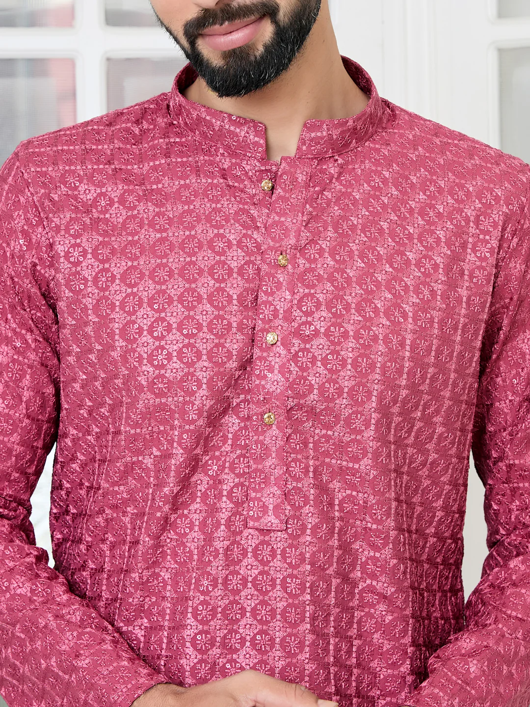 Men Red Green Thread Embroidered Kurta - Image 2