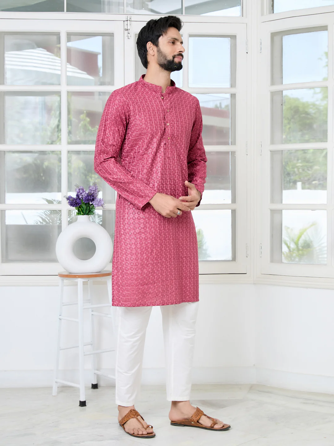 Men Red Green Thread Embroidered Kurta - Image 3