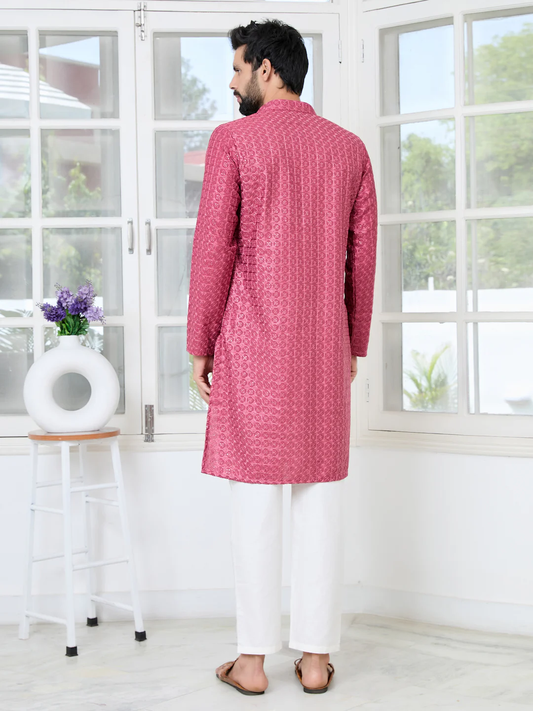 Men Red Green Thread Embroidered Kurta - Image 4