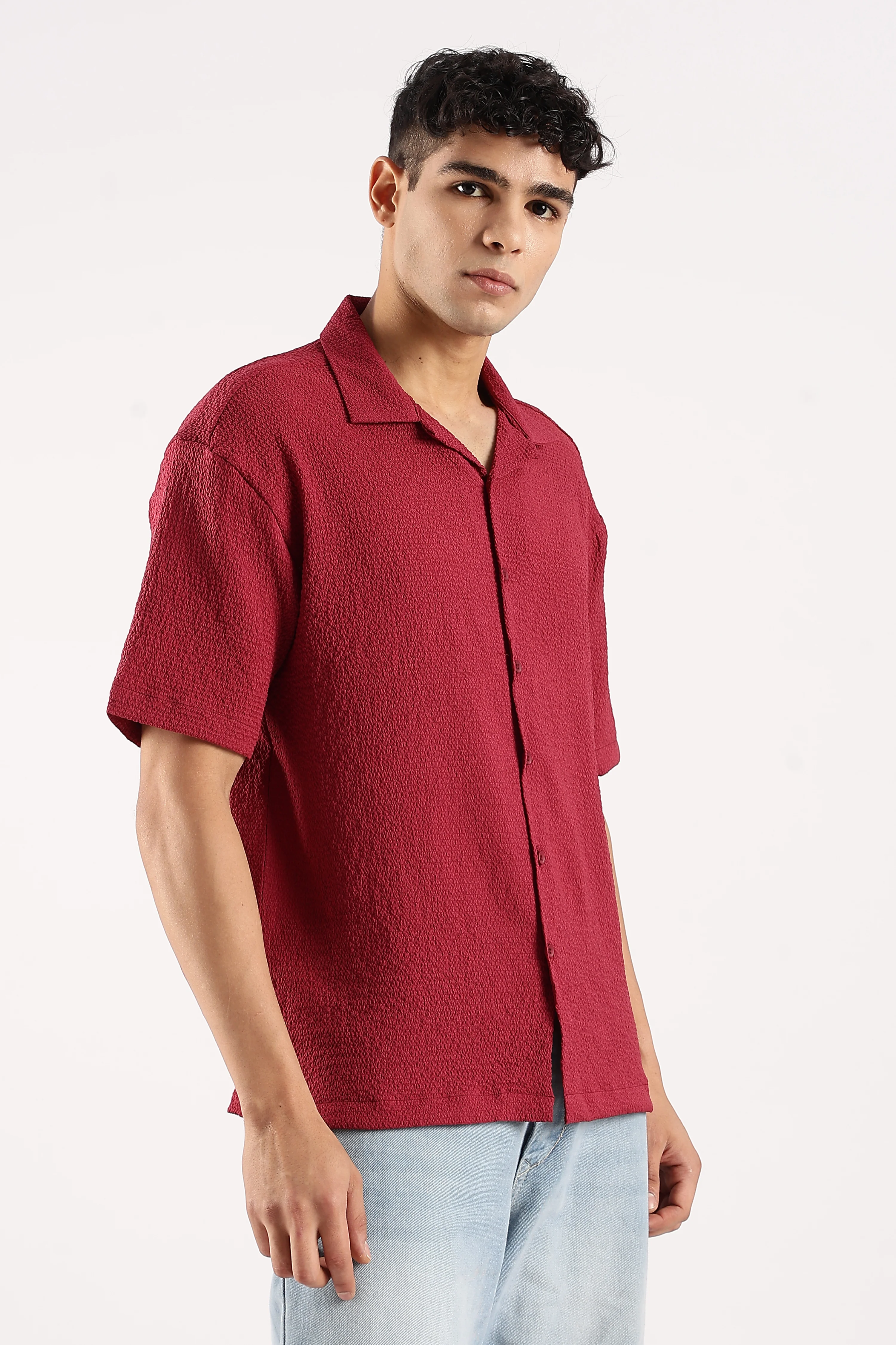 Men Red Poly Textured Shirt - Image 2