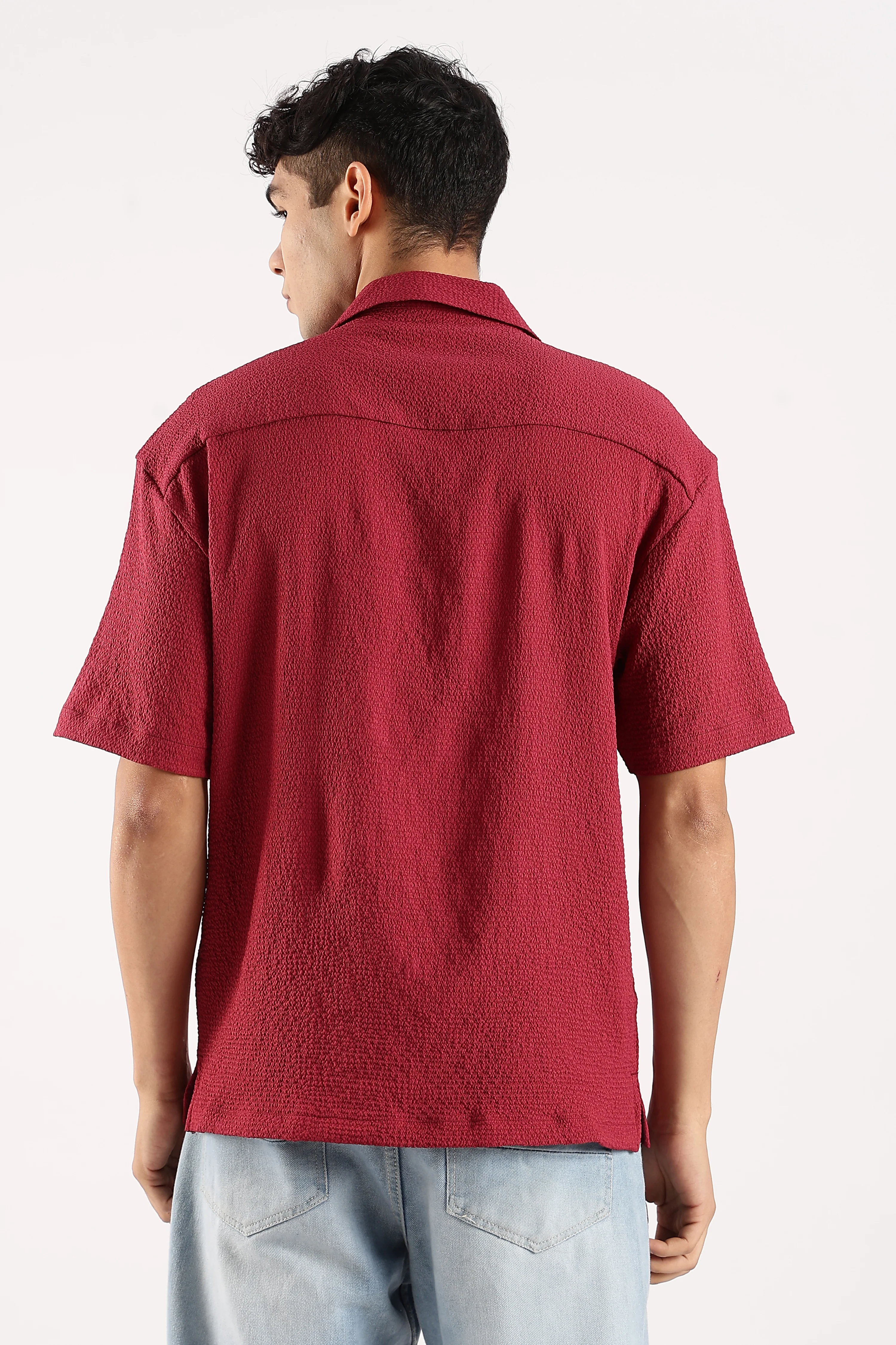 Men Red Poly Textured Shirt - Image 3