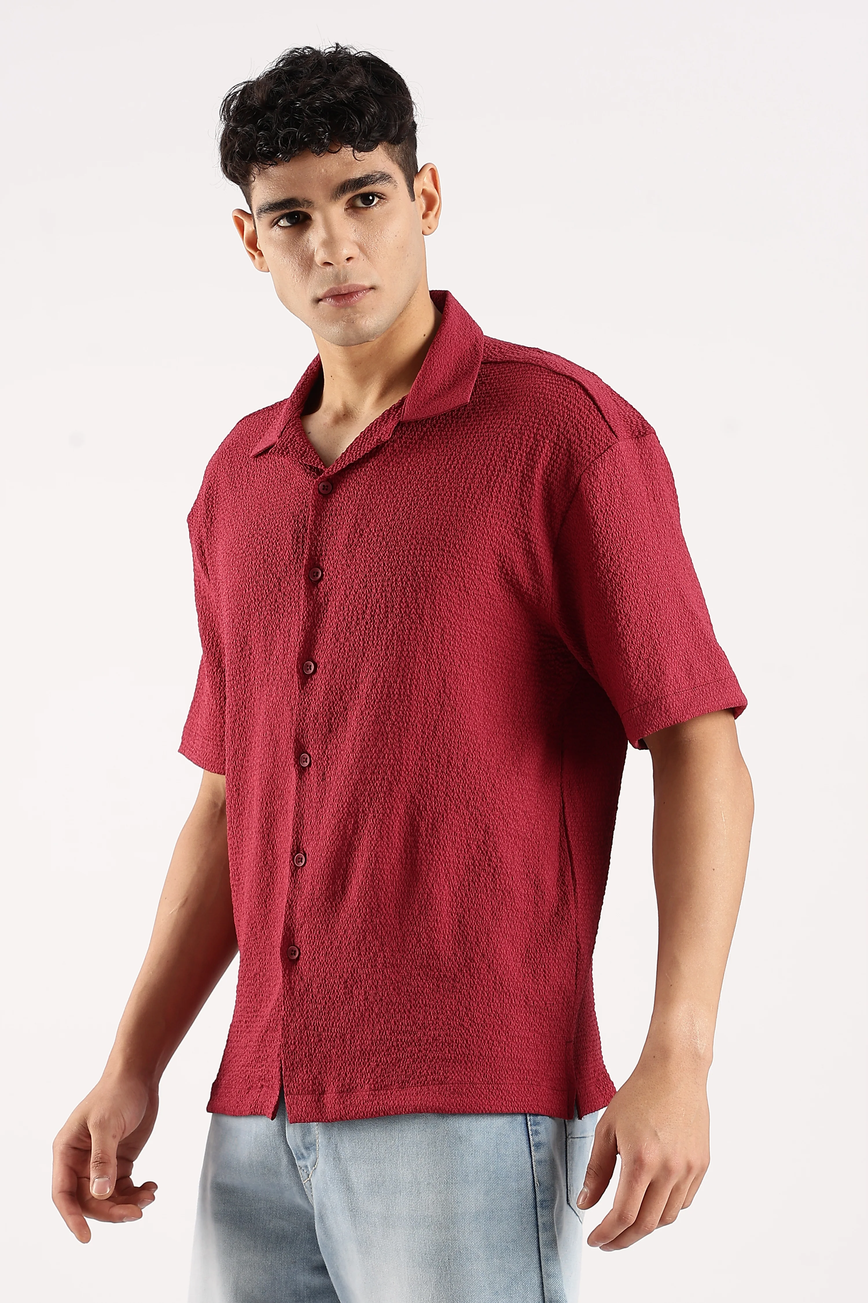 Men Red Poly Textured Shirt - Image 4
