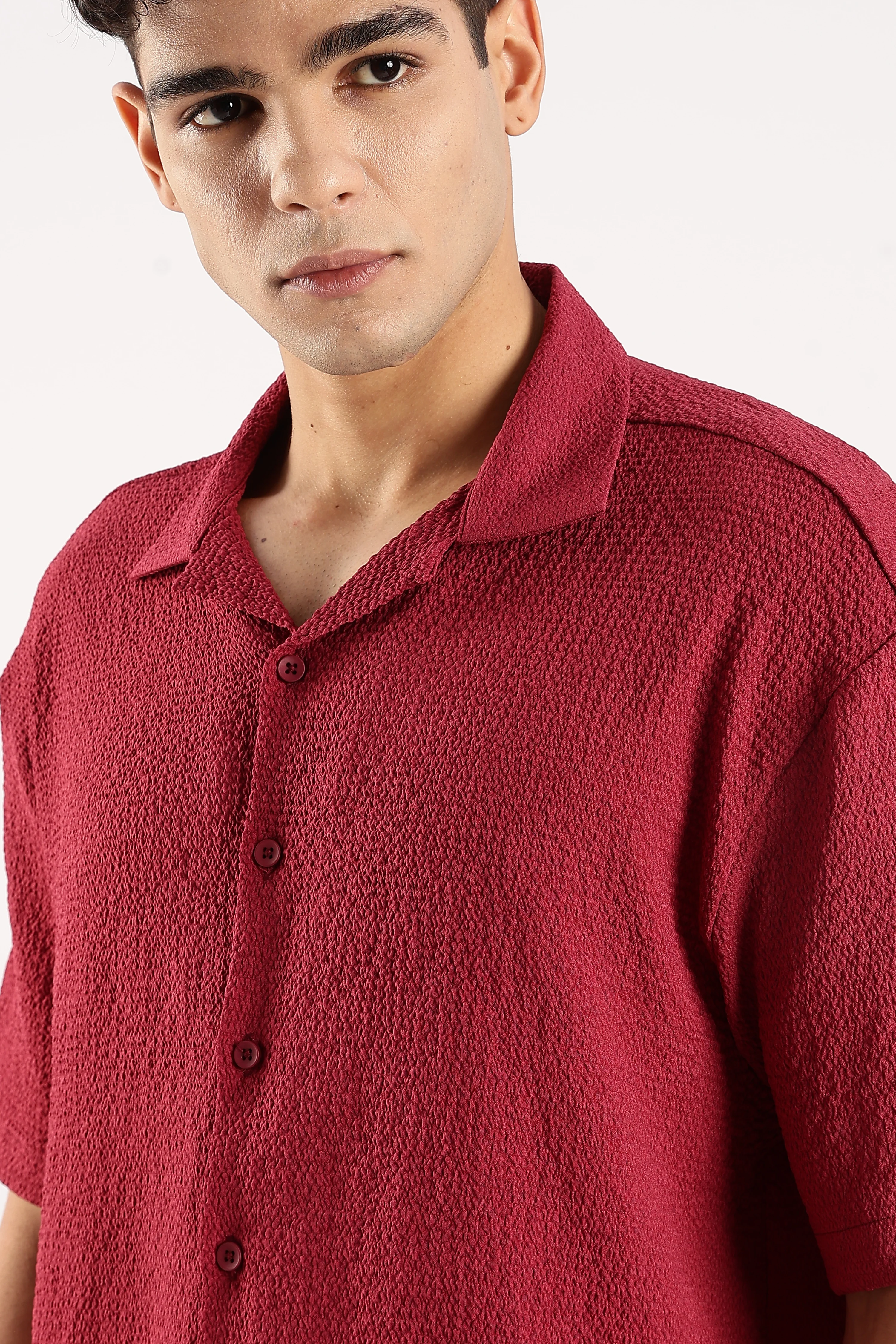Men Red Poly Textured Shirt - Image 5