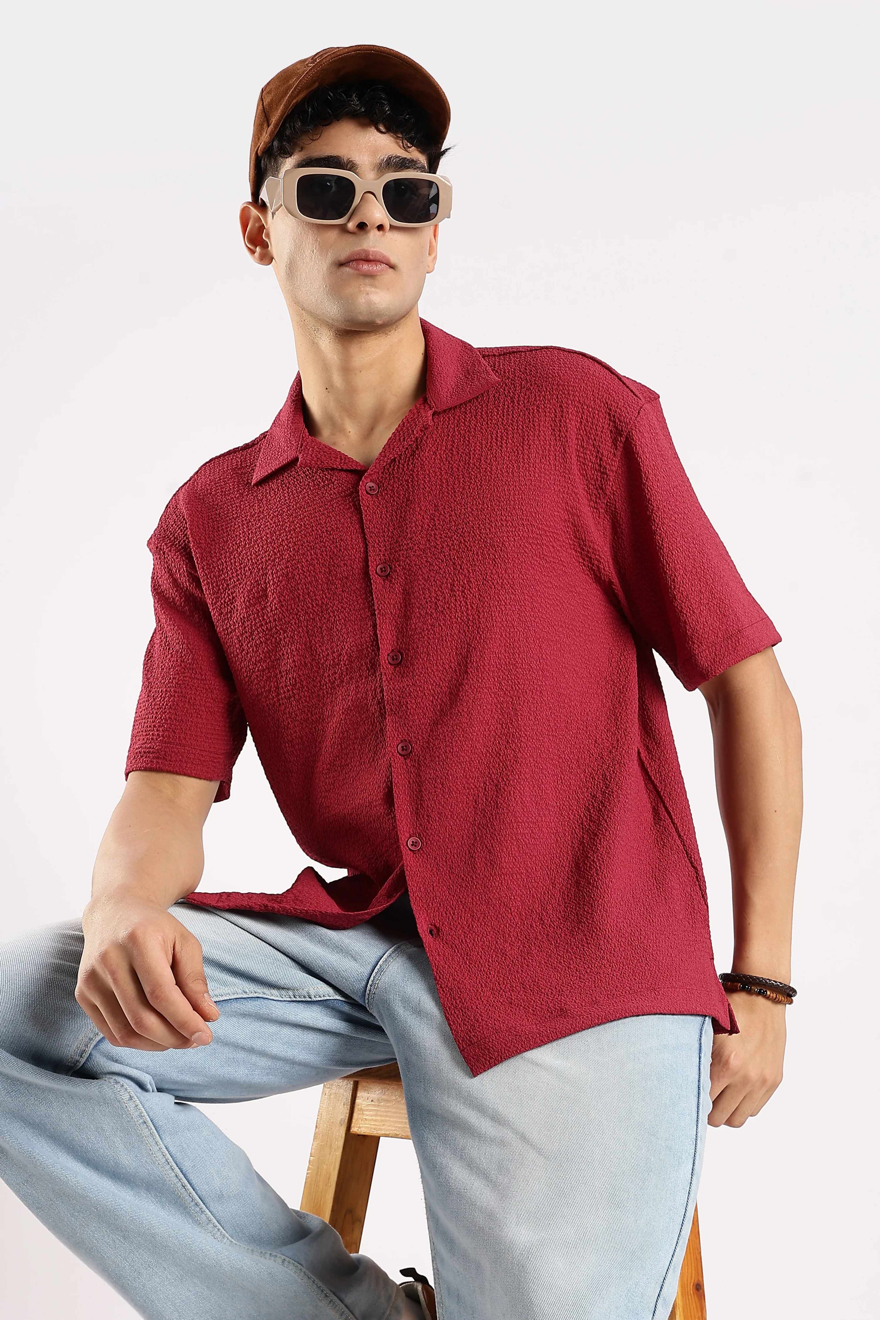 Men Red Poly Textured Shirt - Image 6