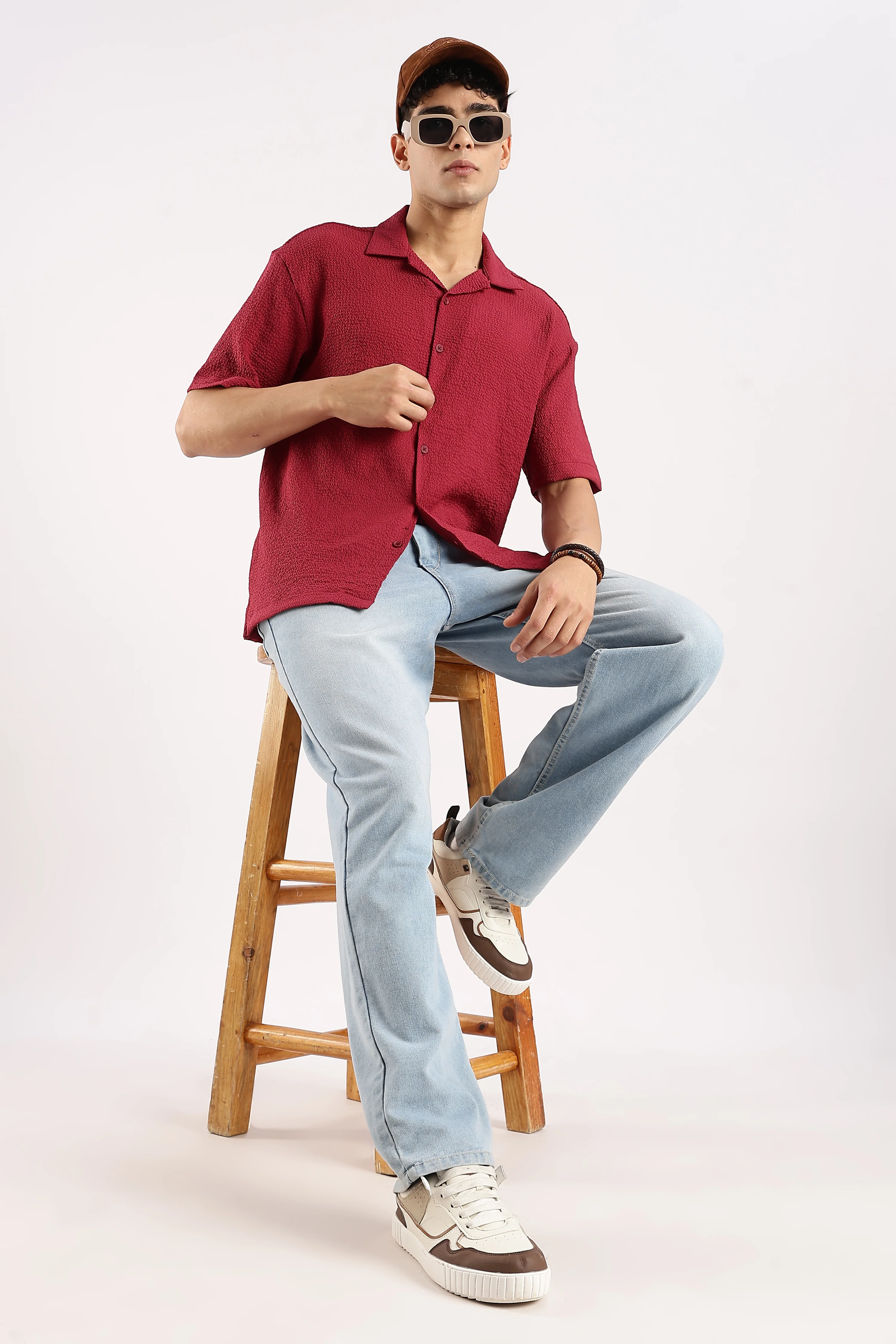 Men Red Poly Textured Shirt - Image 8