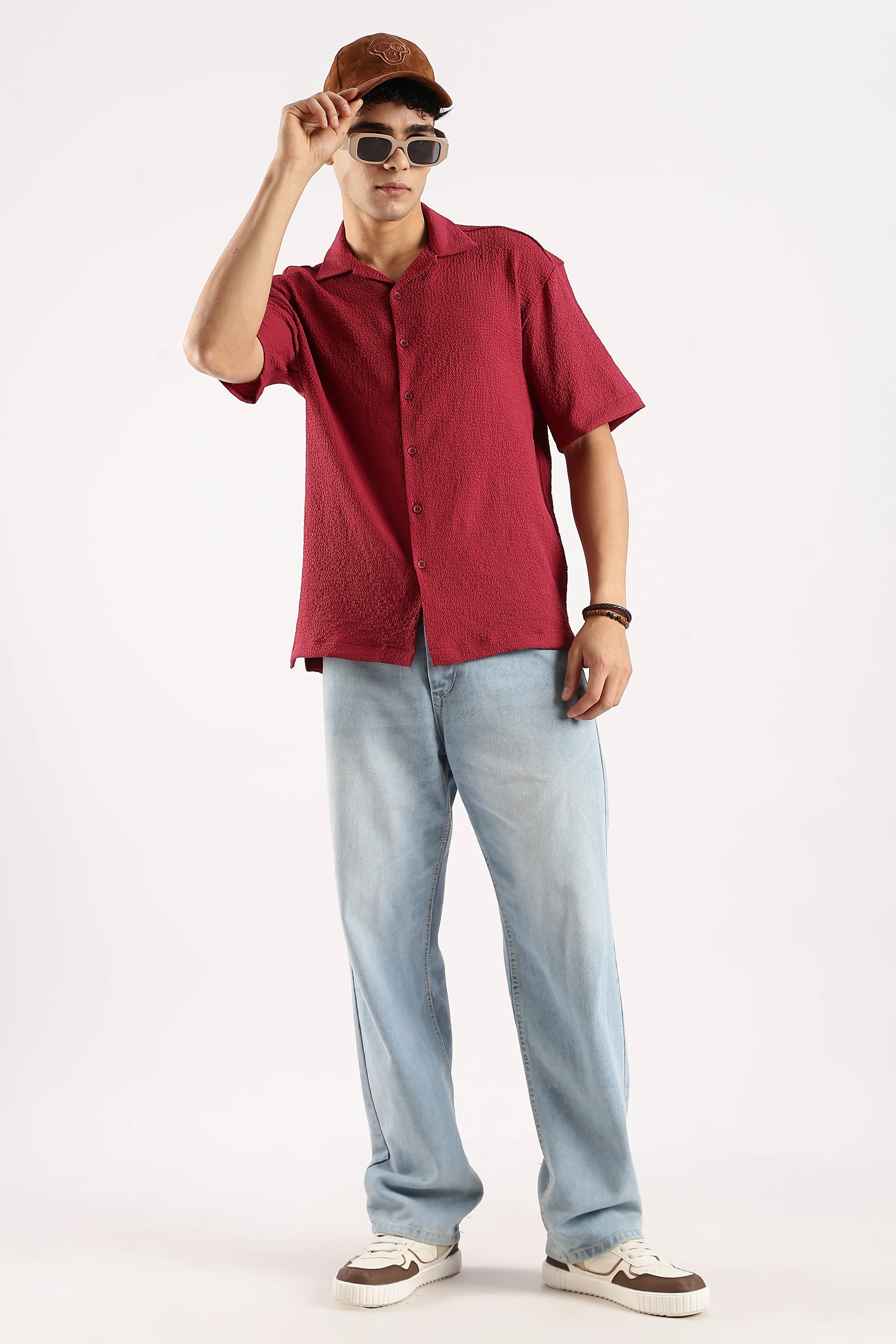 Men Red Poly Textured Shirt - Image 9
