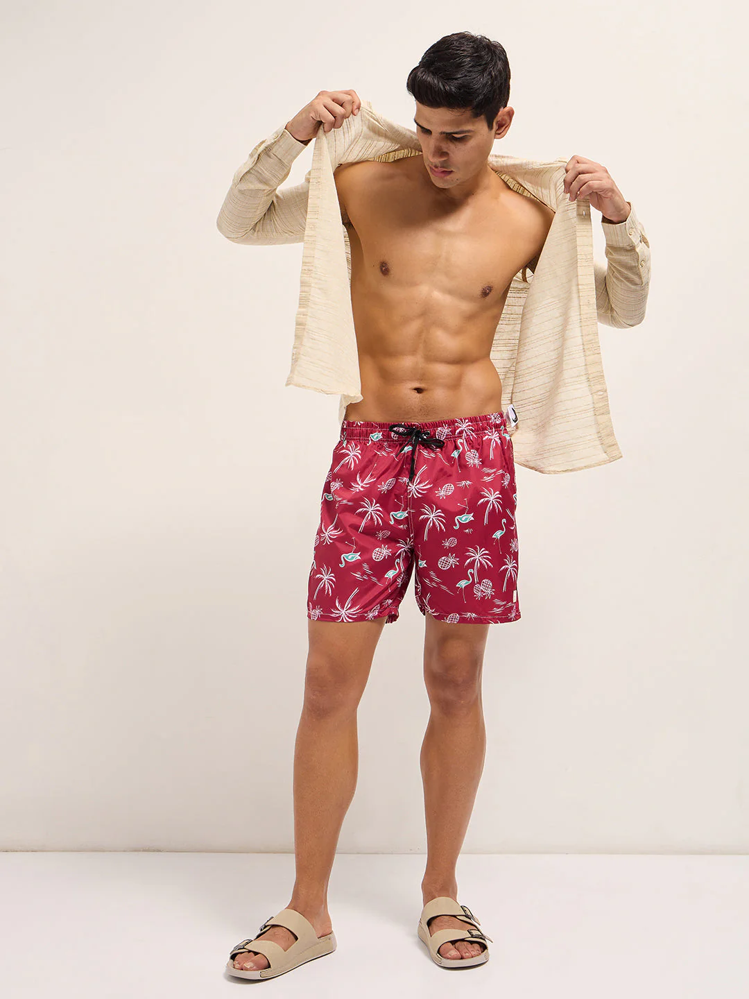 Men Red Printed Swim Shorts - Image 4